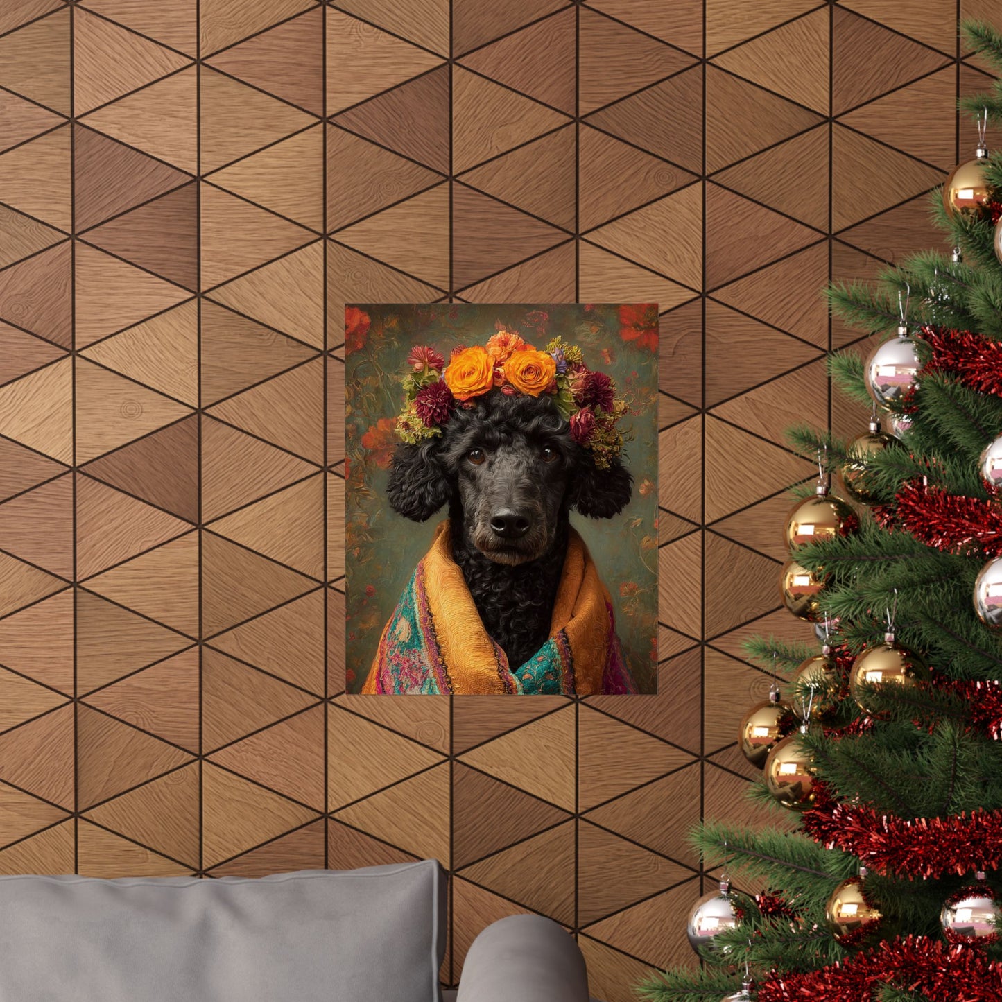 Black Poodle Wall Art — Vintage Floral Dog Portrait - 16" x 20" Matte Poster