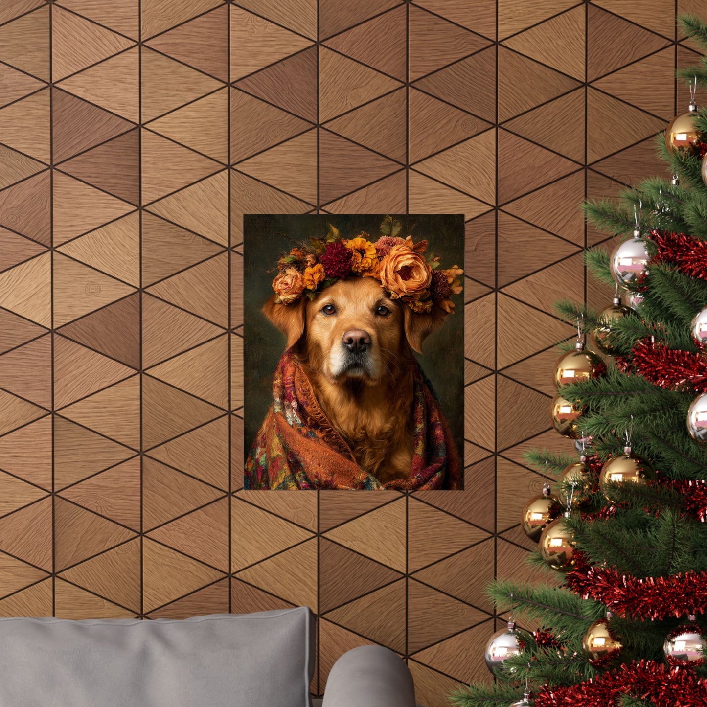 Golden Retriever Wall Art | Vintage Floral Dog Portrait | 16x20 Matte Poster