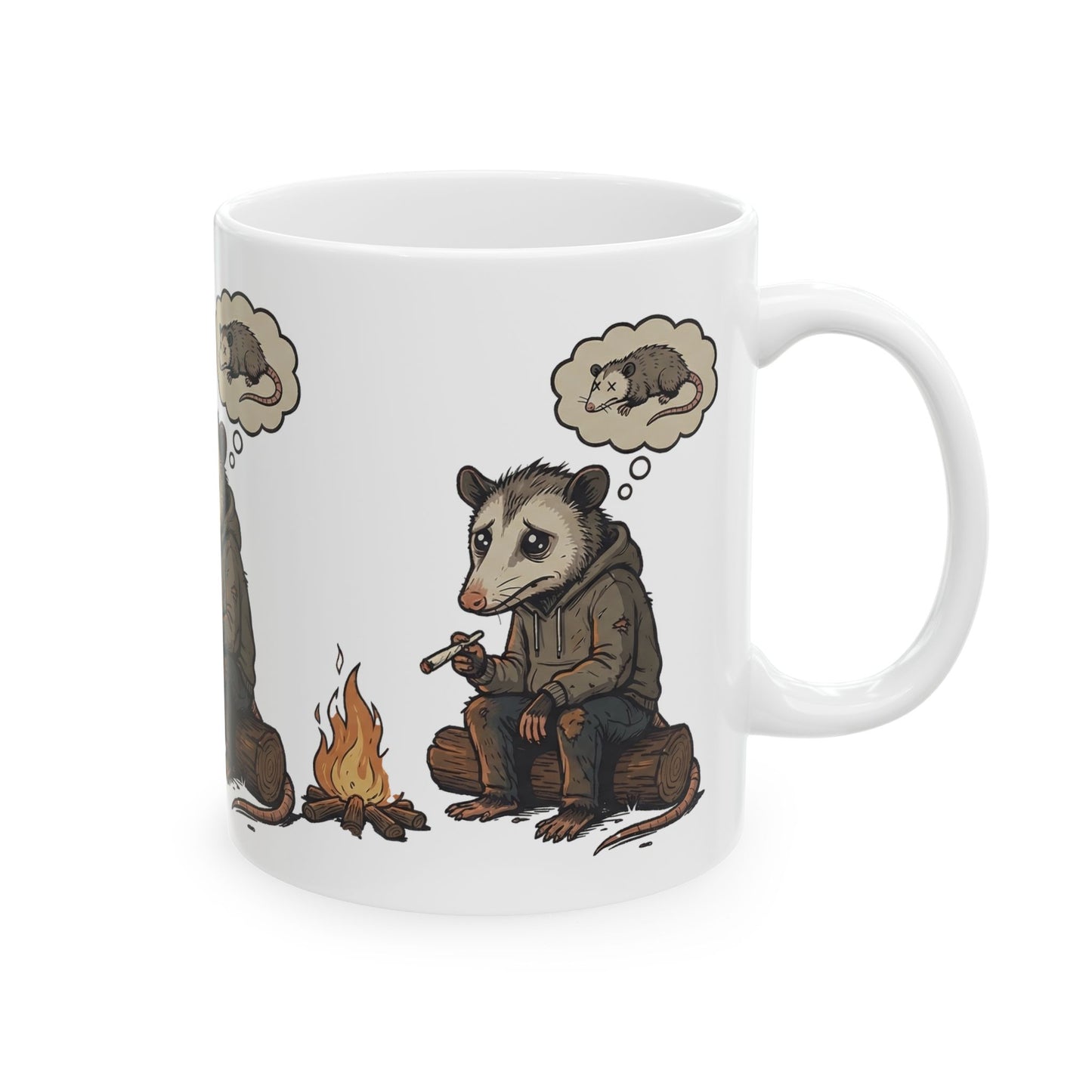 Funny possum meme coffee mug with misunderstood opossum design.