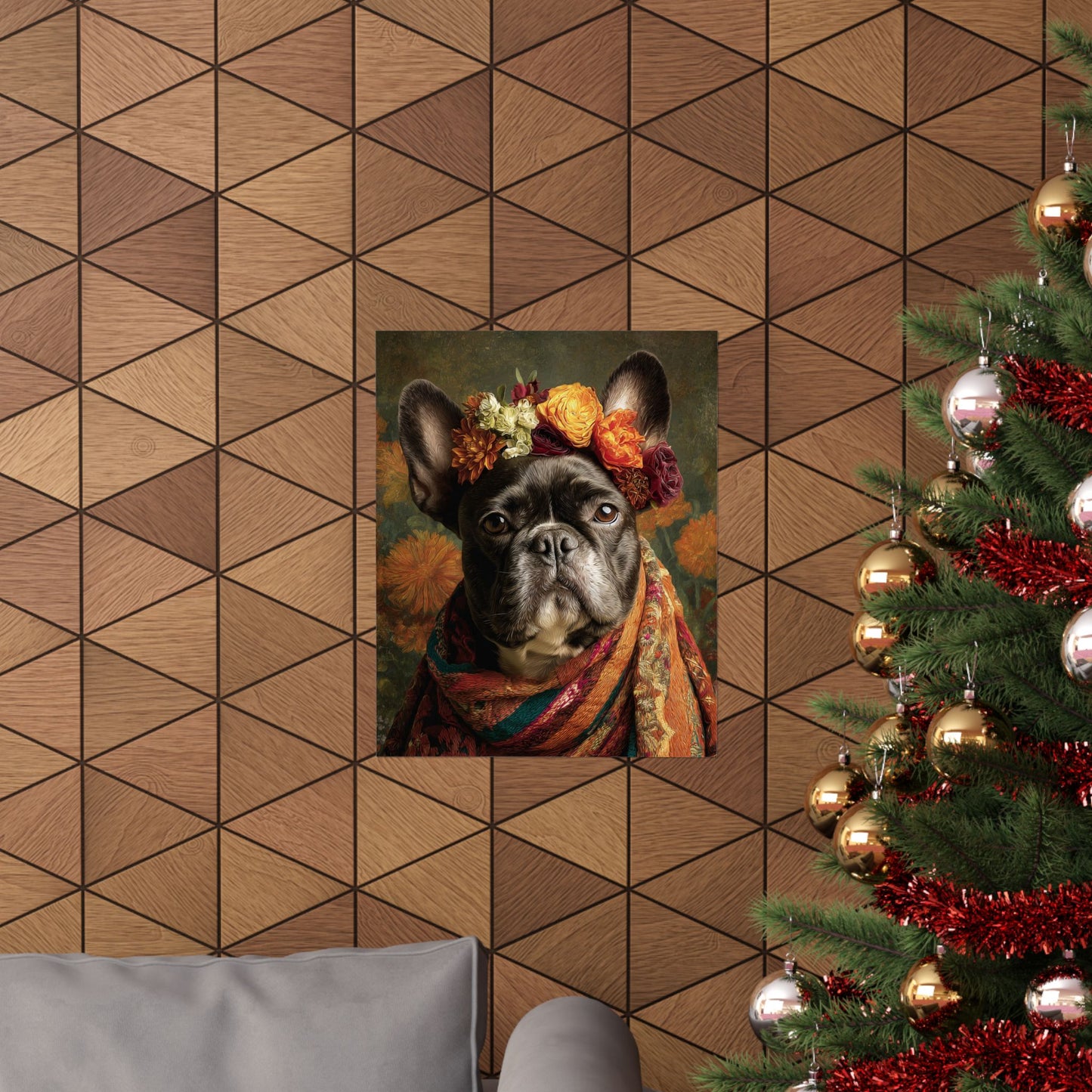 French Bulldog Wall Art | Vintage Floral Dog Portrait | 16x20 Matte Poster
