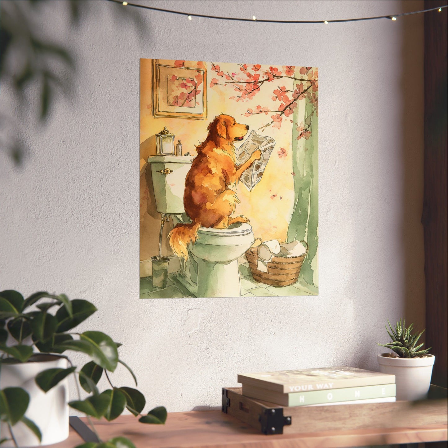 Golden Retriever Reading Newspaper on Toilet Wall Art | Funny Dog Bathroom Decor | Japandi Golden Retriever Poster | 16x20 Print