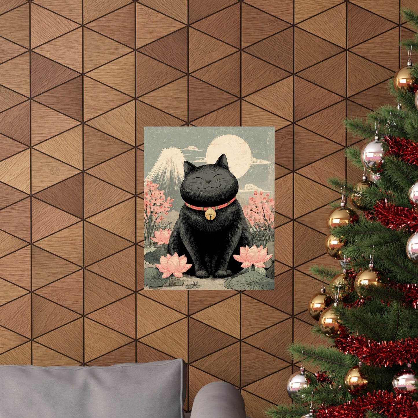 Zen Black Cat Wall Art | Japanese Mount Fuji Cat Poster | Japandi Cat Decor | Whimsical Feline Art Print | 16x20 Poster