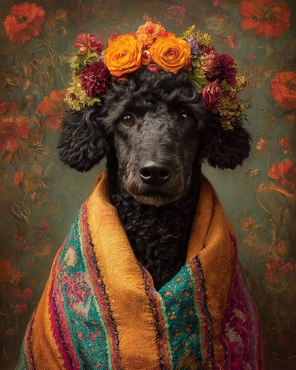 Black Poodle wearing floral crown and colorful woven shawl in Frida-inspired printable wall art portrait