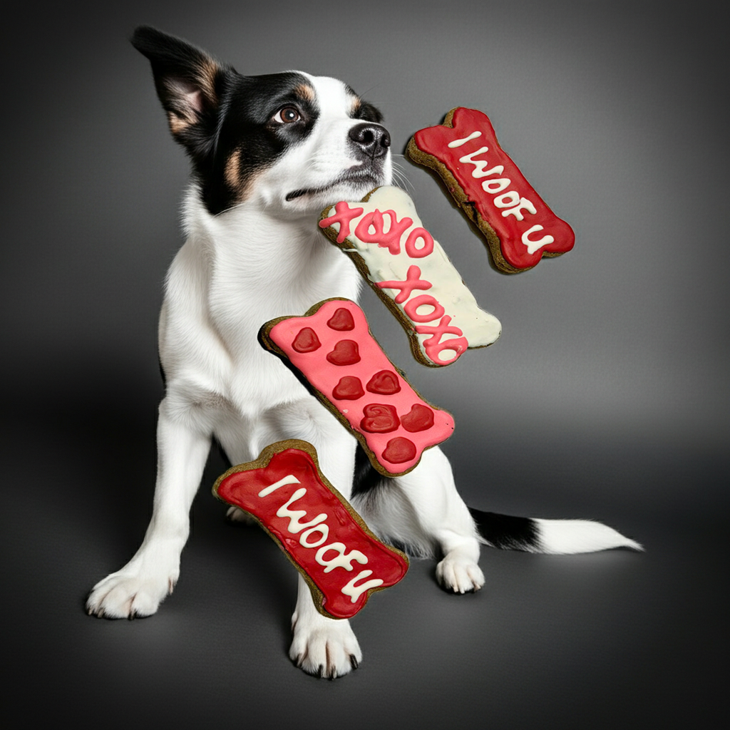 Dog Mom Valentine bone shaped organic dog cookies hand-decorated in red and pink icing with a beatful dog