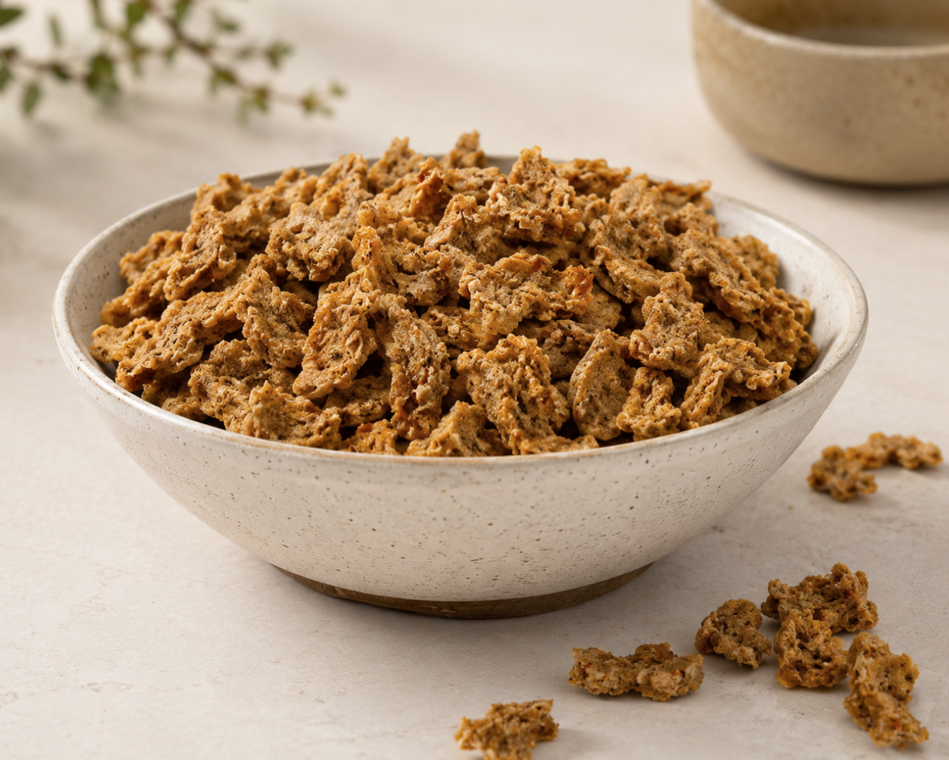 Golden-brown handmade cat treats styled in a speckled ceramic bowl with soft natural lighting, surrounded by scattered crunchy treats, a glass jar, and subtle greenery for a cozy artisan pet bakery aesthetic.
