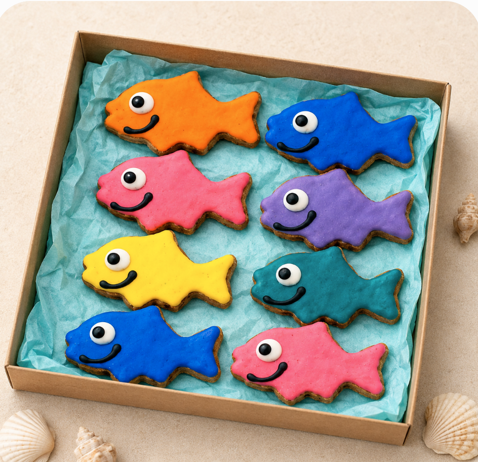 Colorful fish-shaped PAWaquarium dog treats on the beach made with organic peanut butter and cinnamon.
