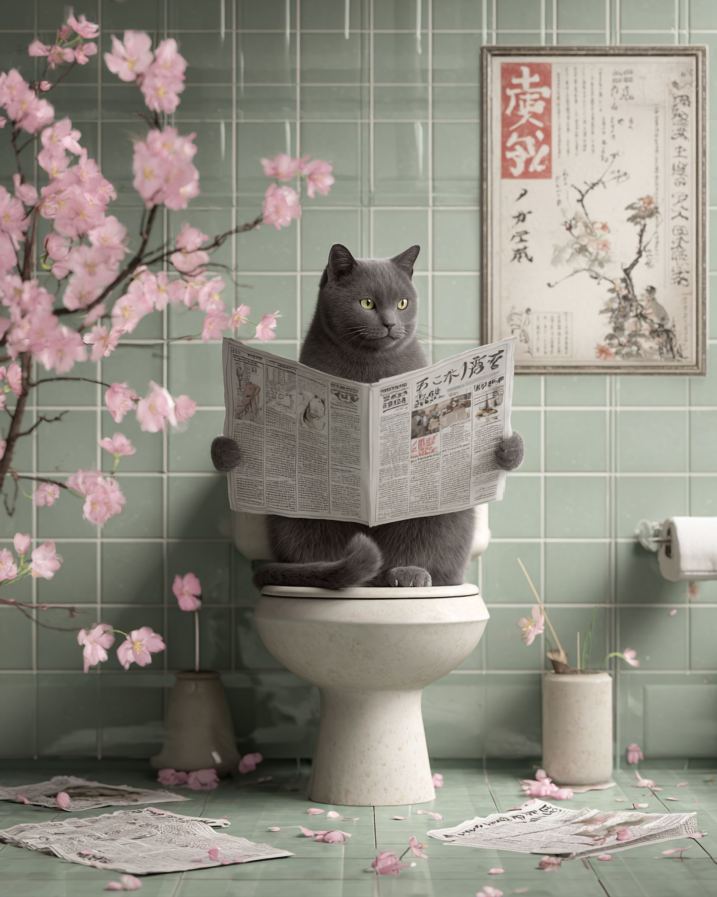 Gray cat sitting on a toilet reading a newspaper surrounded by cherry blossoms and sage green tiled walls in a whimsical Japandi bathroom art print.