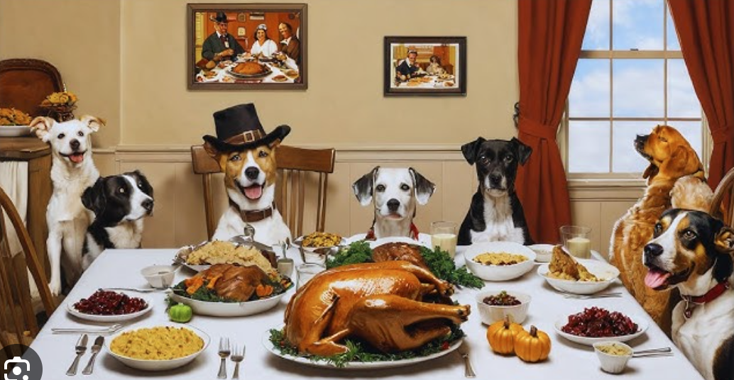 dogs enjoying a thanksgiving dinner at the table