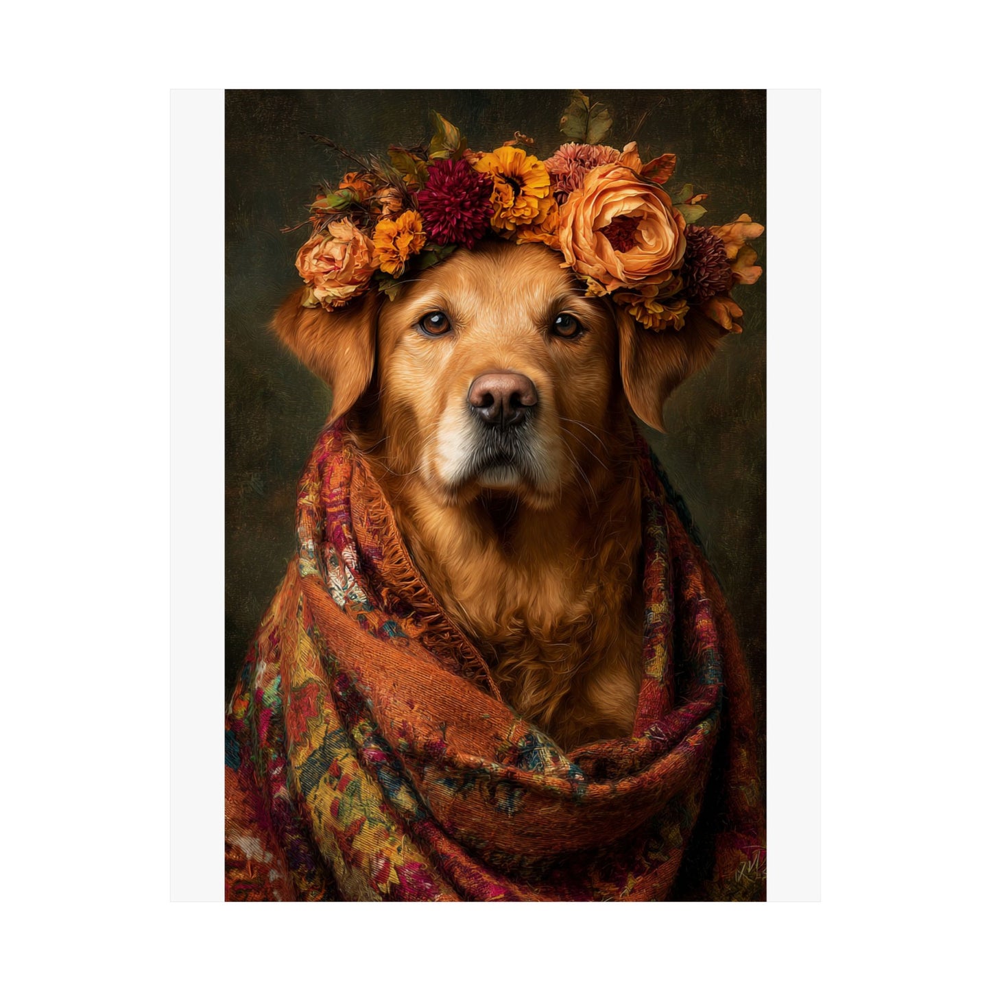 Golden Retriever Wall Art | Vintage Floral Dog Portrait  | 16x20 Matte Poster