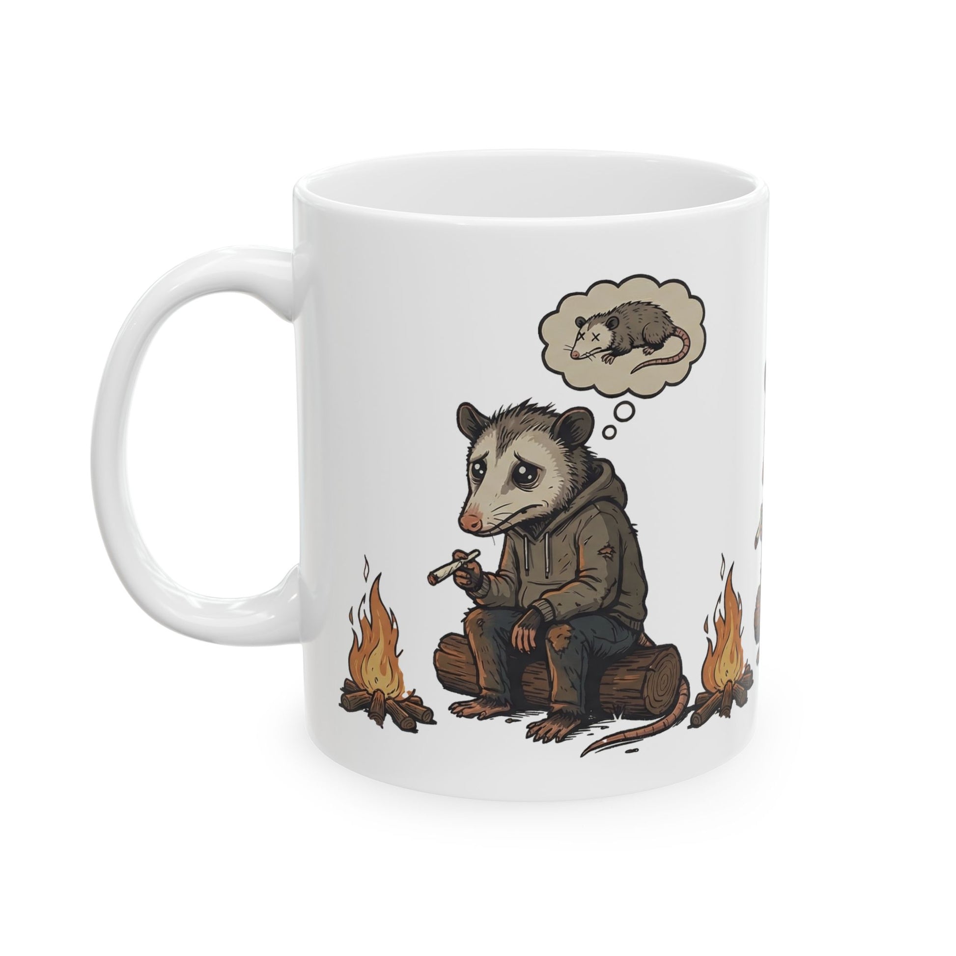 Ceramic coffee mug featuring a misunderstood possum meme design.