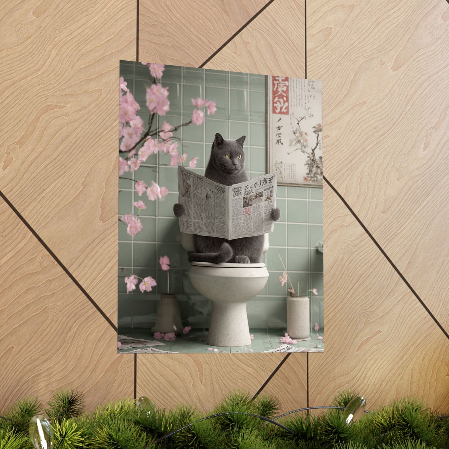 Gray Cat Reading Newspaper on Toilet Wall Art | Funny Japandi Cat Bathroom Decor | Japanese Cat Poster | Whimsical Feline Art Print | 16x20 Poster