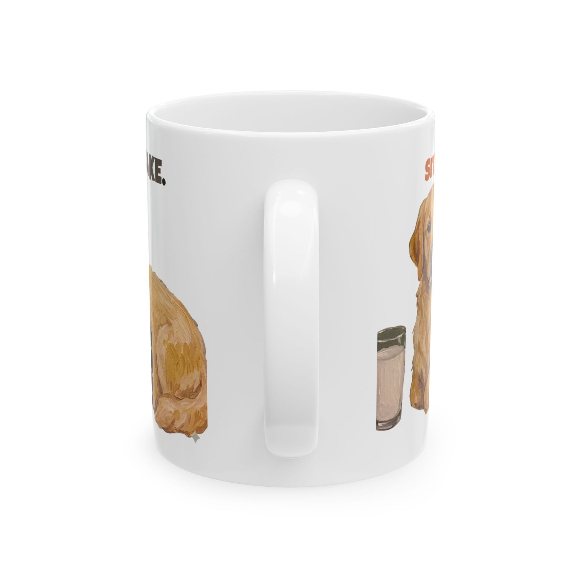 Golden Retriever Sit Stay Cake mug with funny dog cake design for dog lovers.