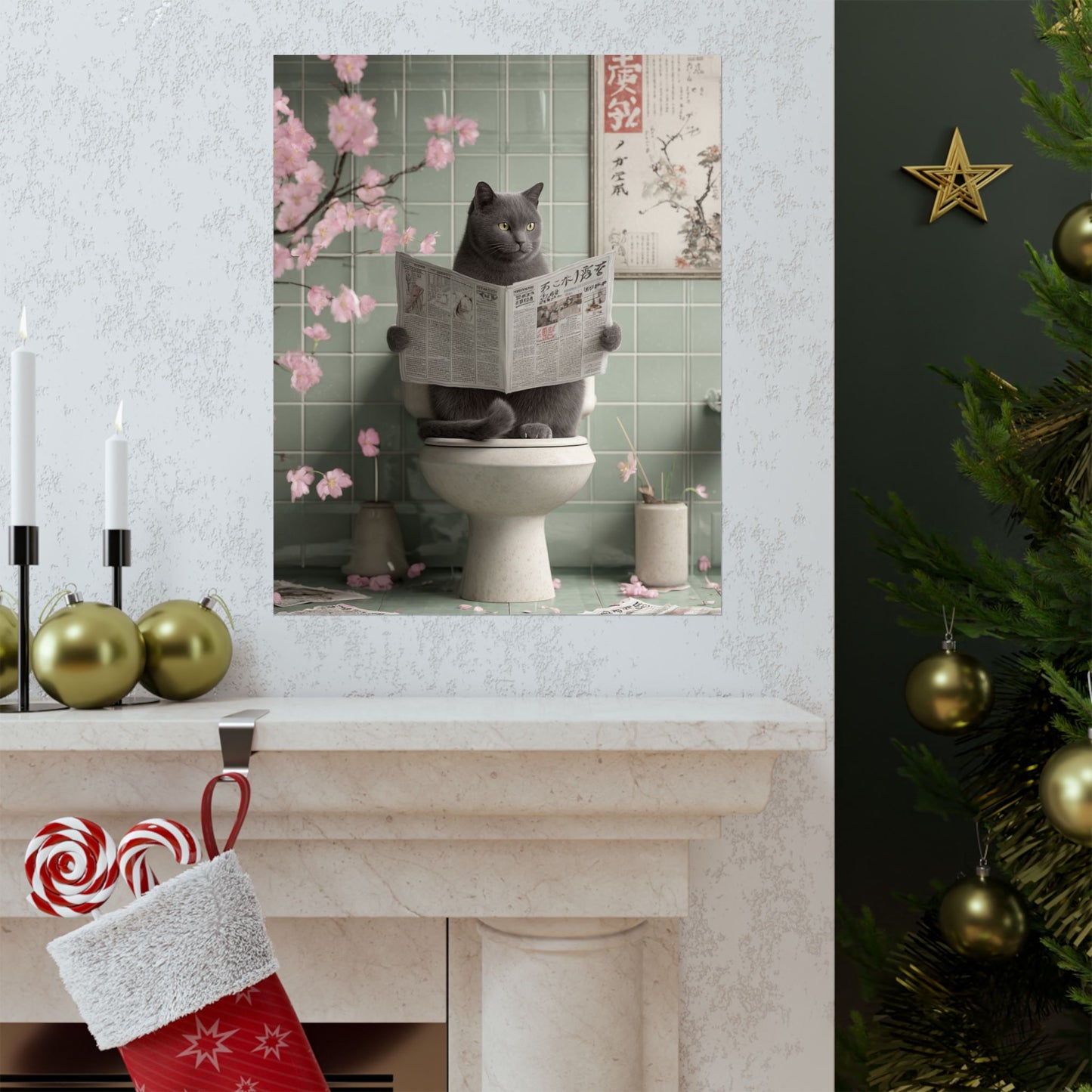 Gray Cat Reading Newspaper on Toilet Wall Art | Funny Japandi Cat Bathroom Decor | Japanese Cat Poster | Whimsical Feline Art Print | 16x20 Poster