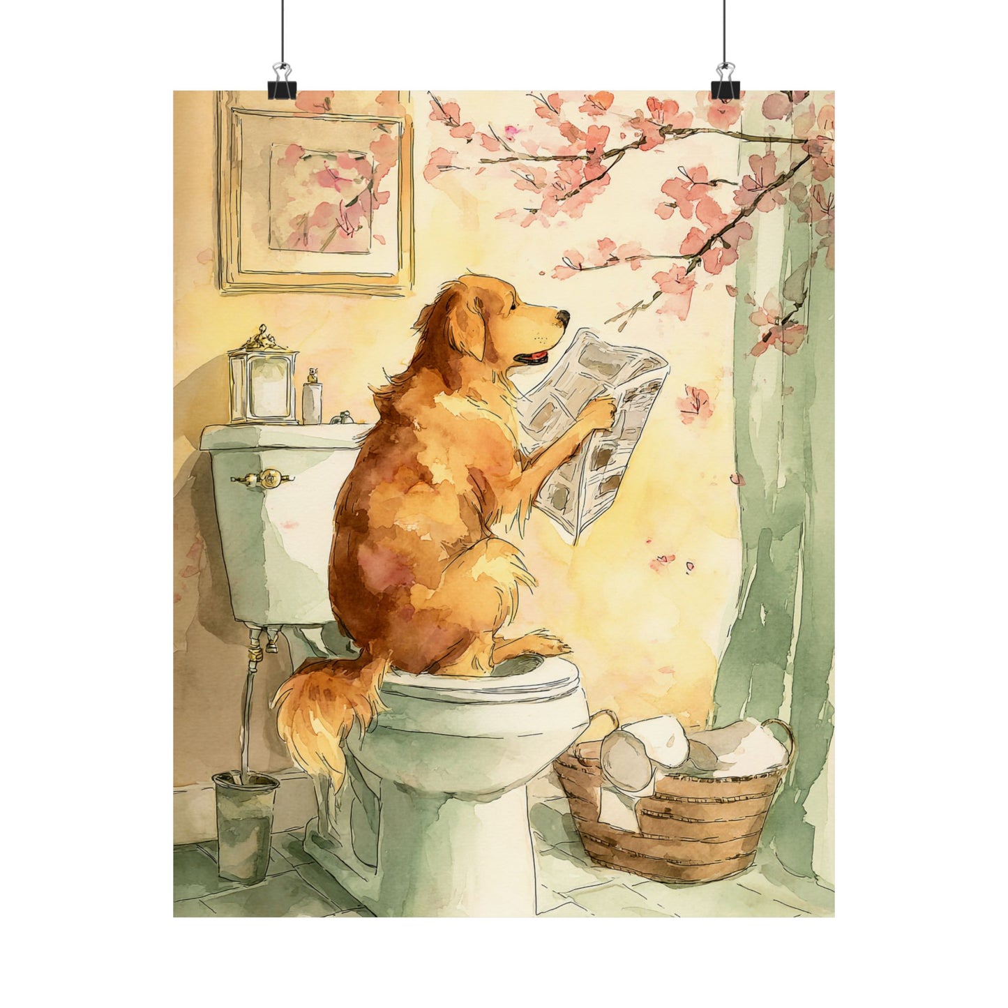 Golden Retriever Reading Newspaper on Toilet Wall Art | Funny Dog Bathroom Decor | Japandi Golden Retriever Poster | 16x20 Print