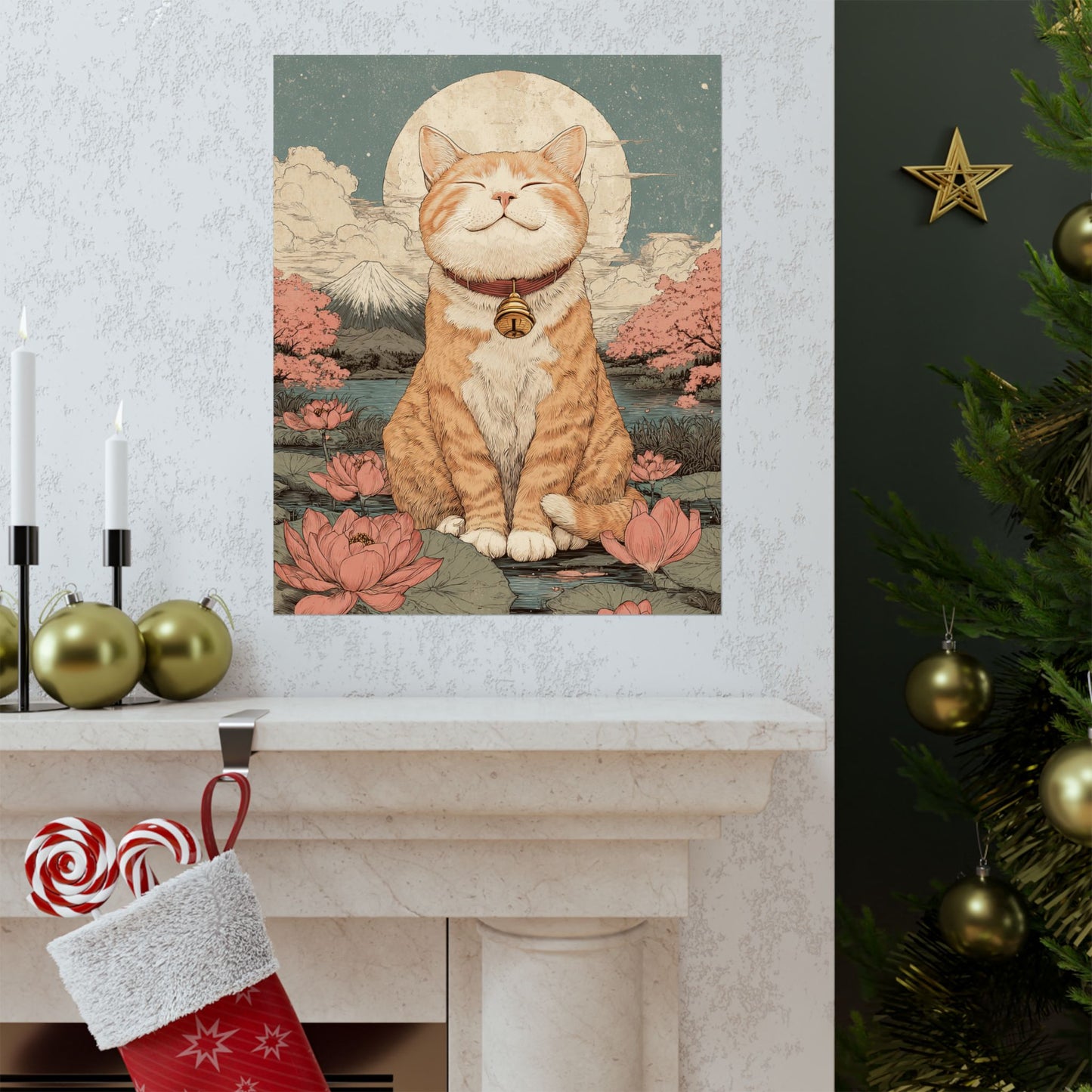 Zen Orange Tabby Cat Wall Art | Japanese Mount Fuji Cat Poster | Japandi Cat Decor | 16x20 Art Print