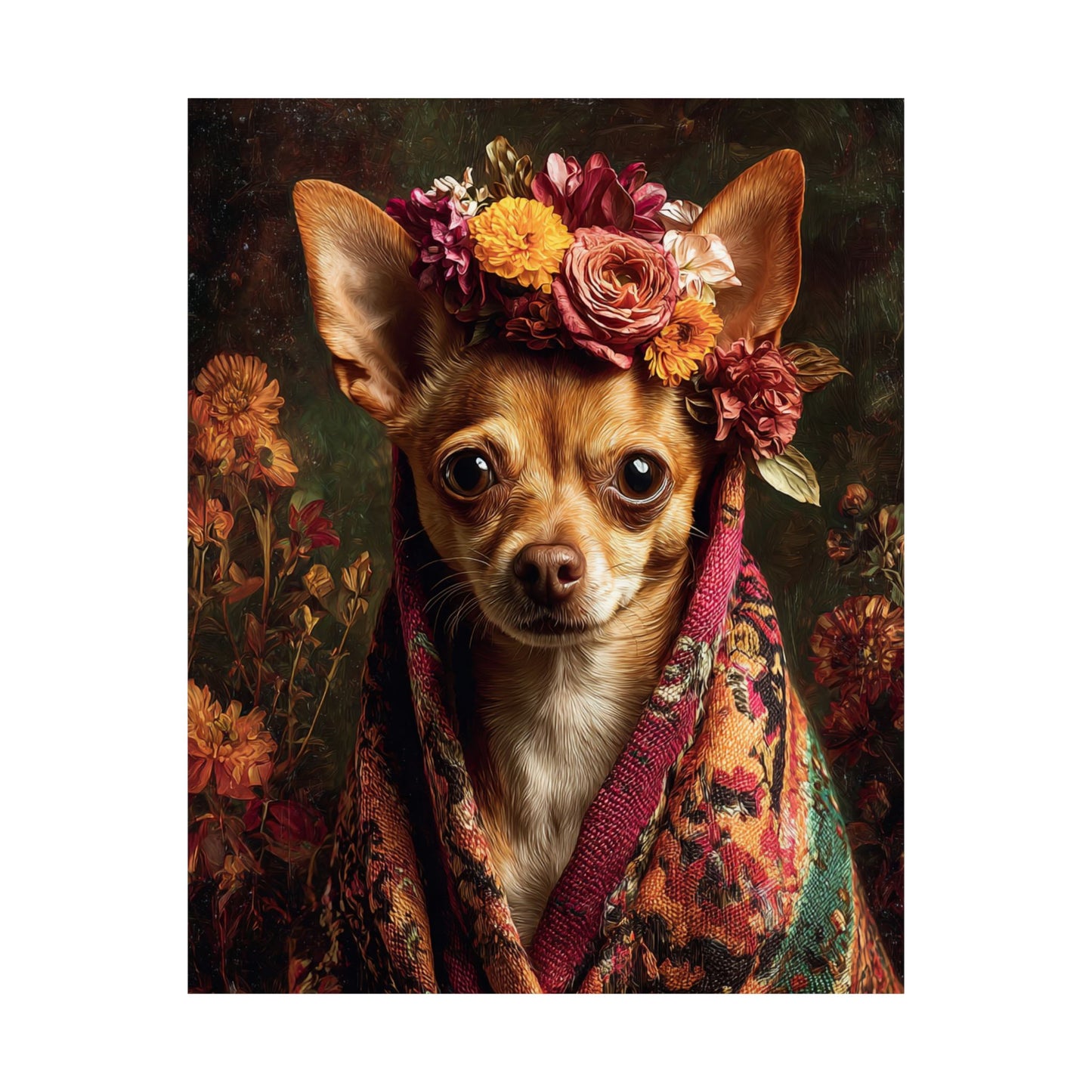 Tan Chihuahua Wall Art — Vintage Floral Dog Portrait - 16"x20" Matte Poster