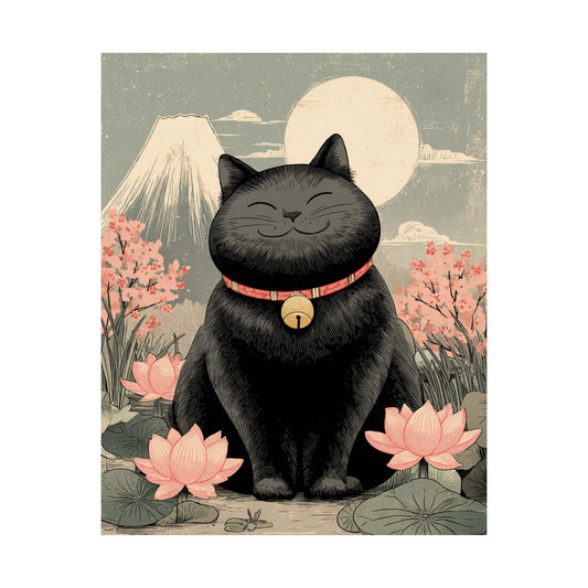 Zen Black Cat Wall Art | Japanese Mount Fuji Cat Poster | Japandi Cat Decor | Whimsical Feline Art Print | 16x20 Poster