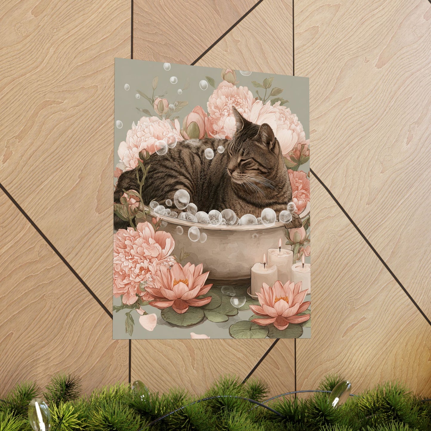 Tabby Cat in Bathtub Wall Art | Japandi Cat Bathroom Decor | Japanese Cat Poster | Zen Feline Art Print | 16x20 Poster