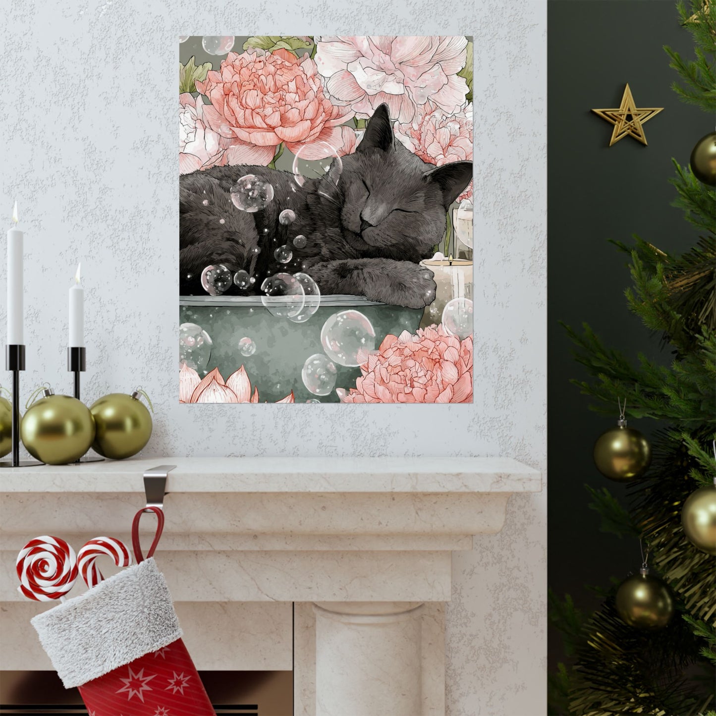 Gray Cat in Bathtub Wall Art | Japandi Cat Bathroom Decor | Japanese Cat Poster | Zen Feline Art Print | 16x20 Poster