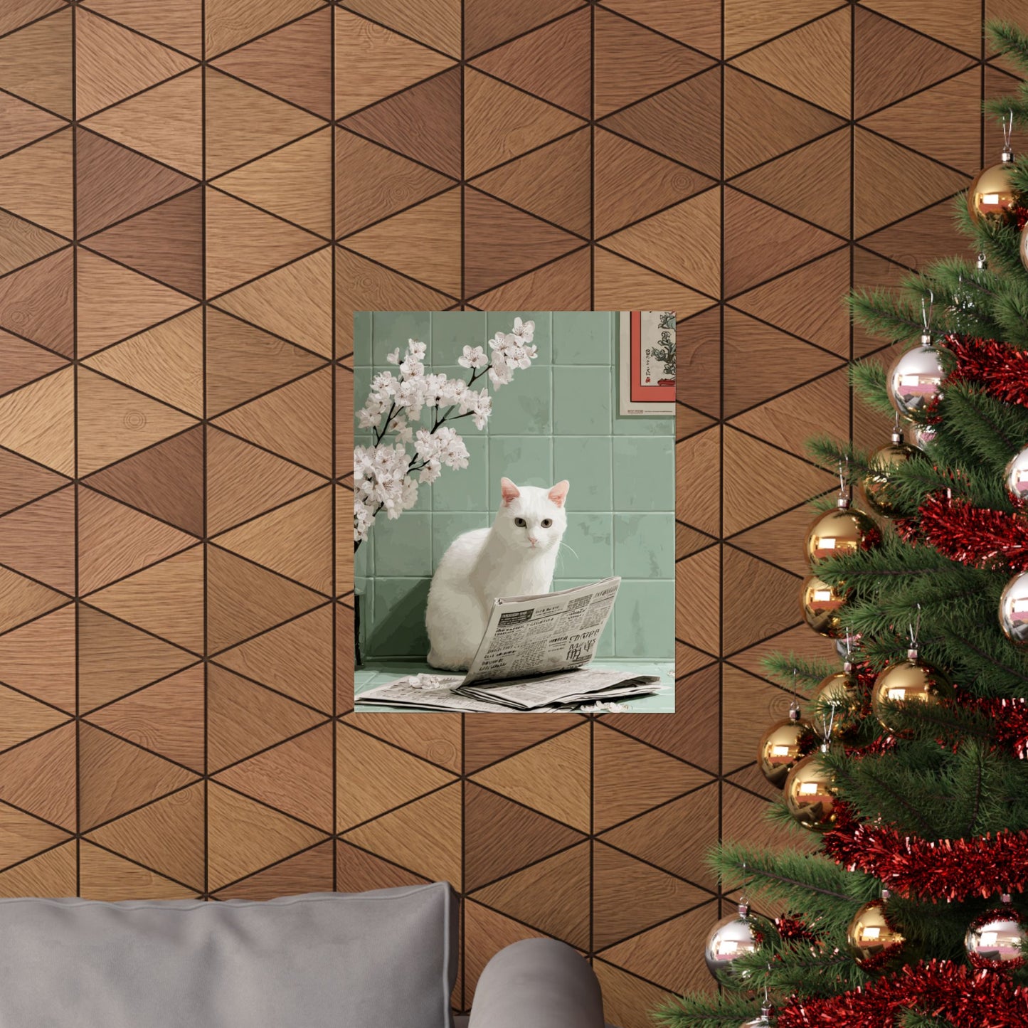 White Cat Reading Newspaper Wall Art | Funny Japandi Cat Bathroom Decor | Japanese Cat Poster | Whimsical Feline Art Print | 16x20 Poster