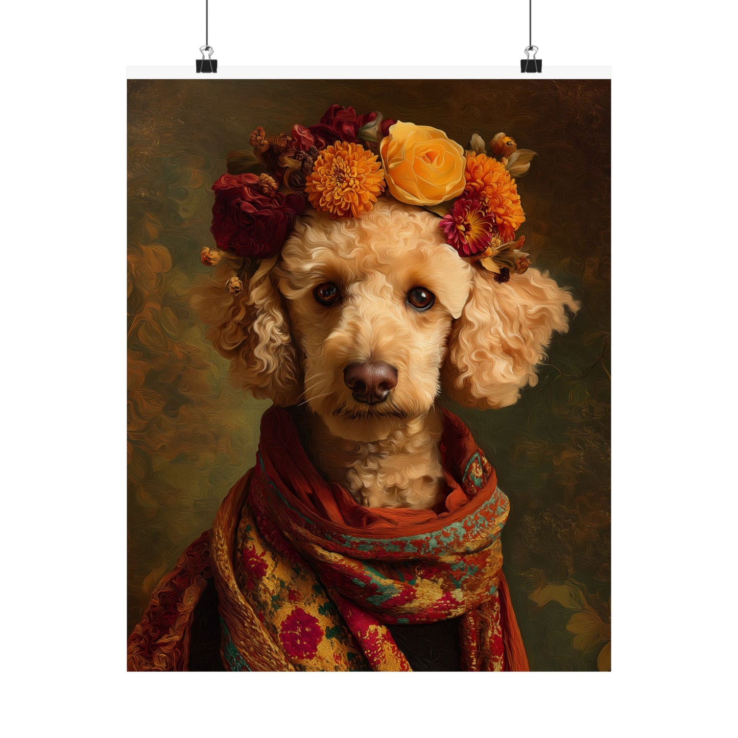 White Poodle Wall Art | Vintage Floral Dog Portrait  | 16x20 Matte Poster