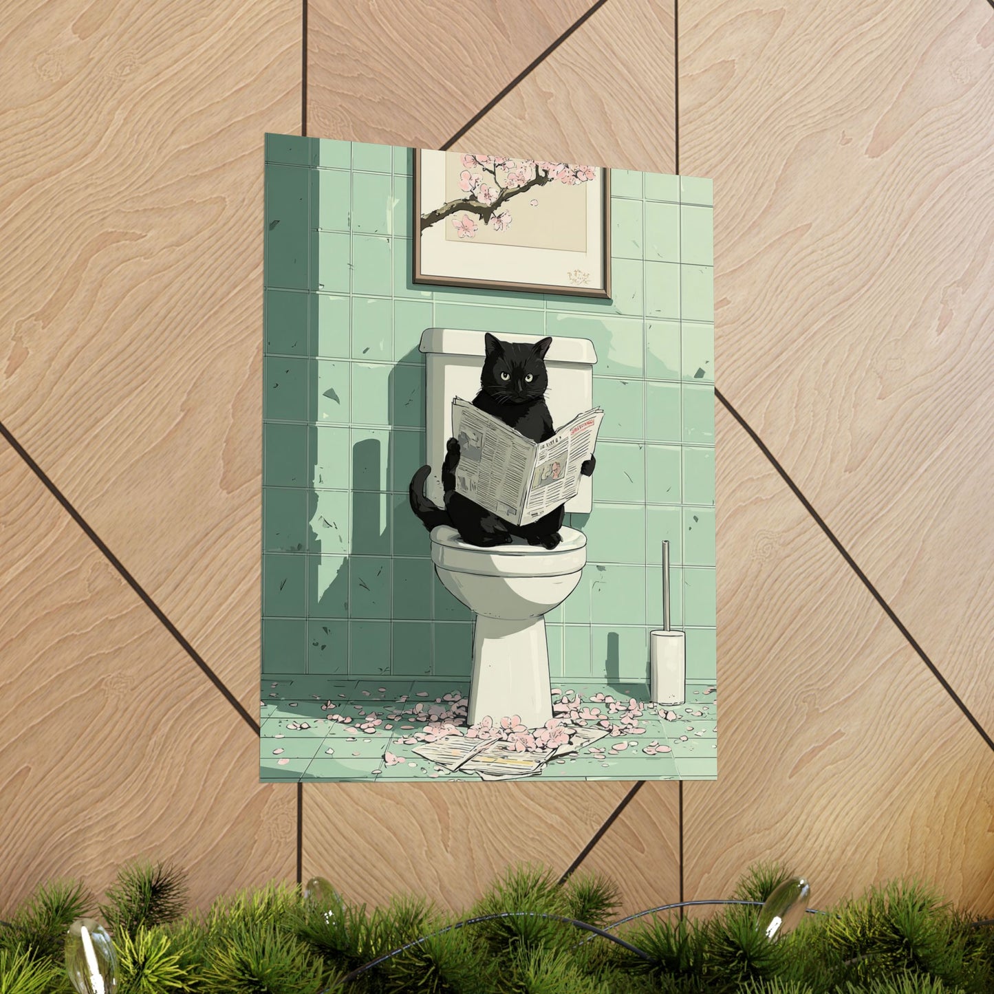 Black Cat Reading Newspaper on Toilet Wall Art | Funny Japandi Cat Bathroom Decor | Japanese Cat Poster | Whimsical Feline Art Print | 16x20 Poster