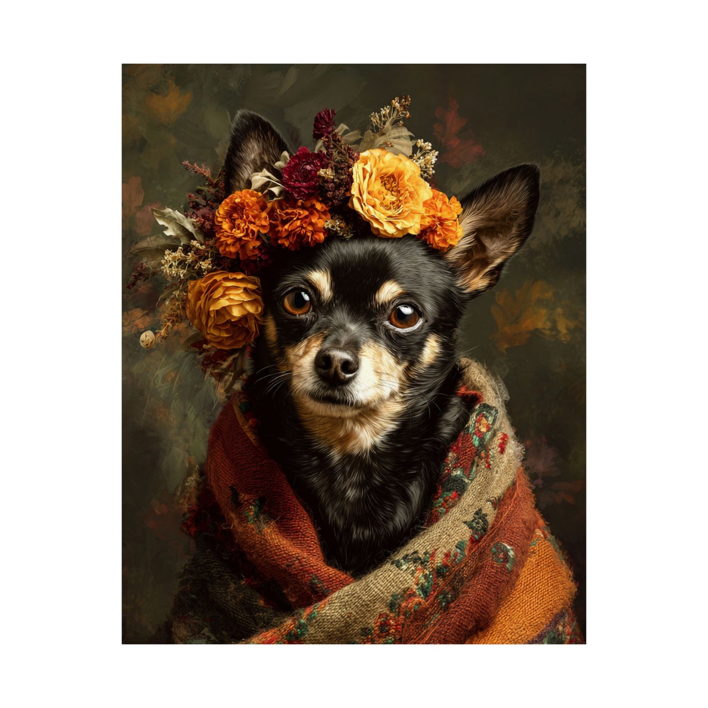 Brown Chihuahua Wall Art | Vintage Floral Dog Portrait  | 16x20 Matte Poster