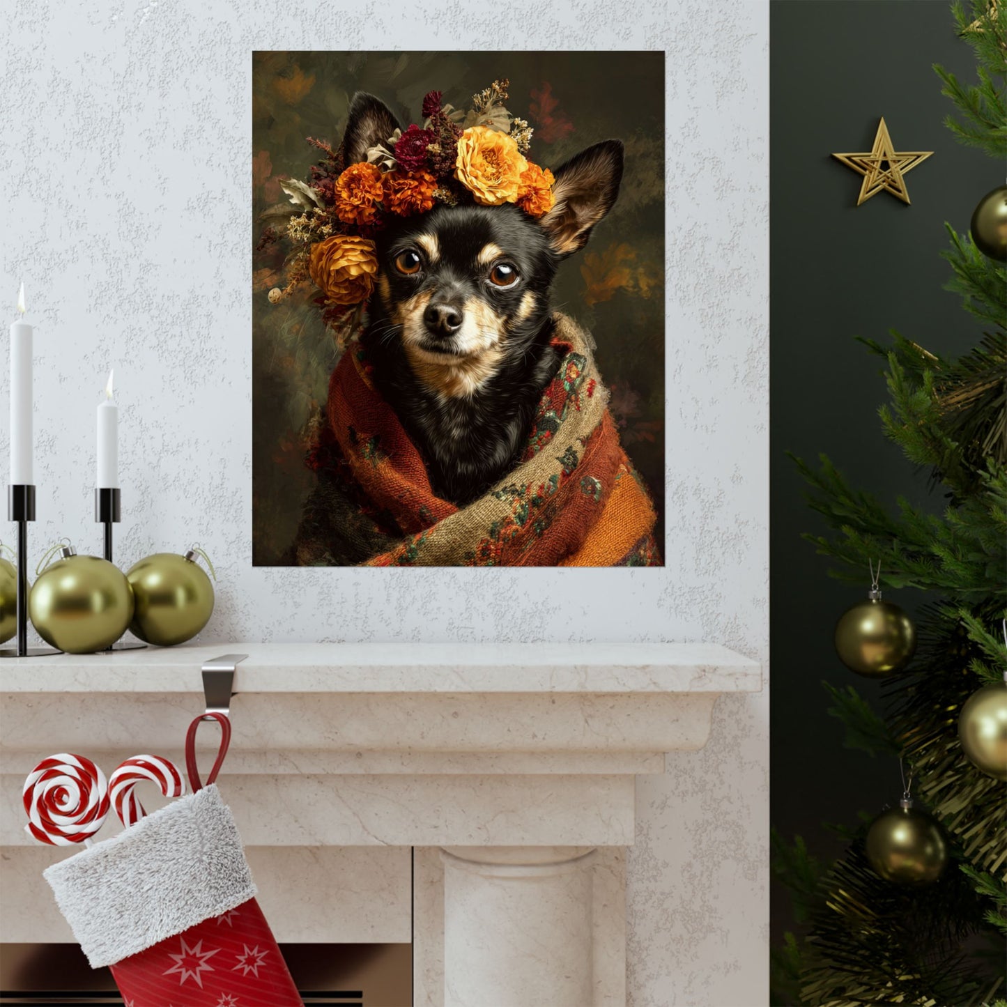 Brown Chihuahua Wall Art | Vintage Floral Dog Portrait  | 16x20 Matte Poster