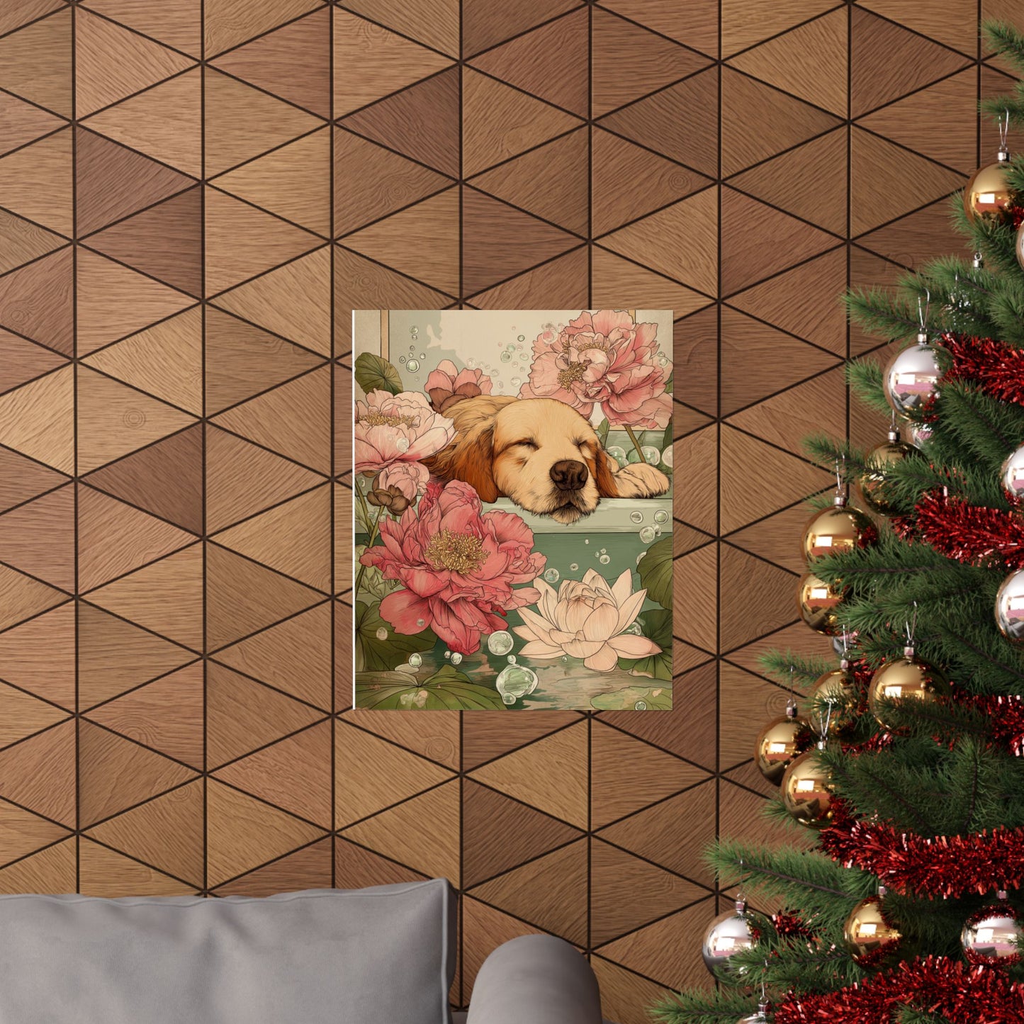 Sleeping Golden Retriever in Bathtub Wall Art | Japandi Dog Bathroom Decor | Floral Golden Retriever Poster | Zen Dog Art Print | 16x20 Poster