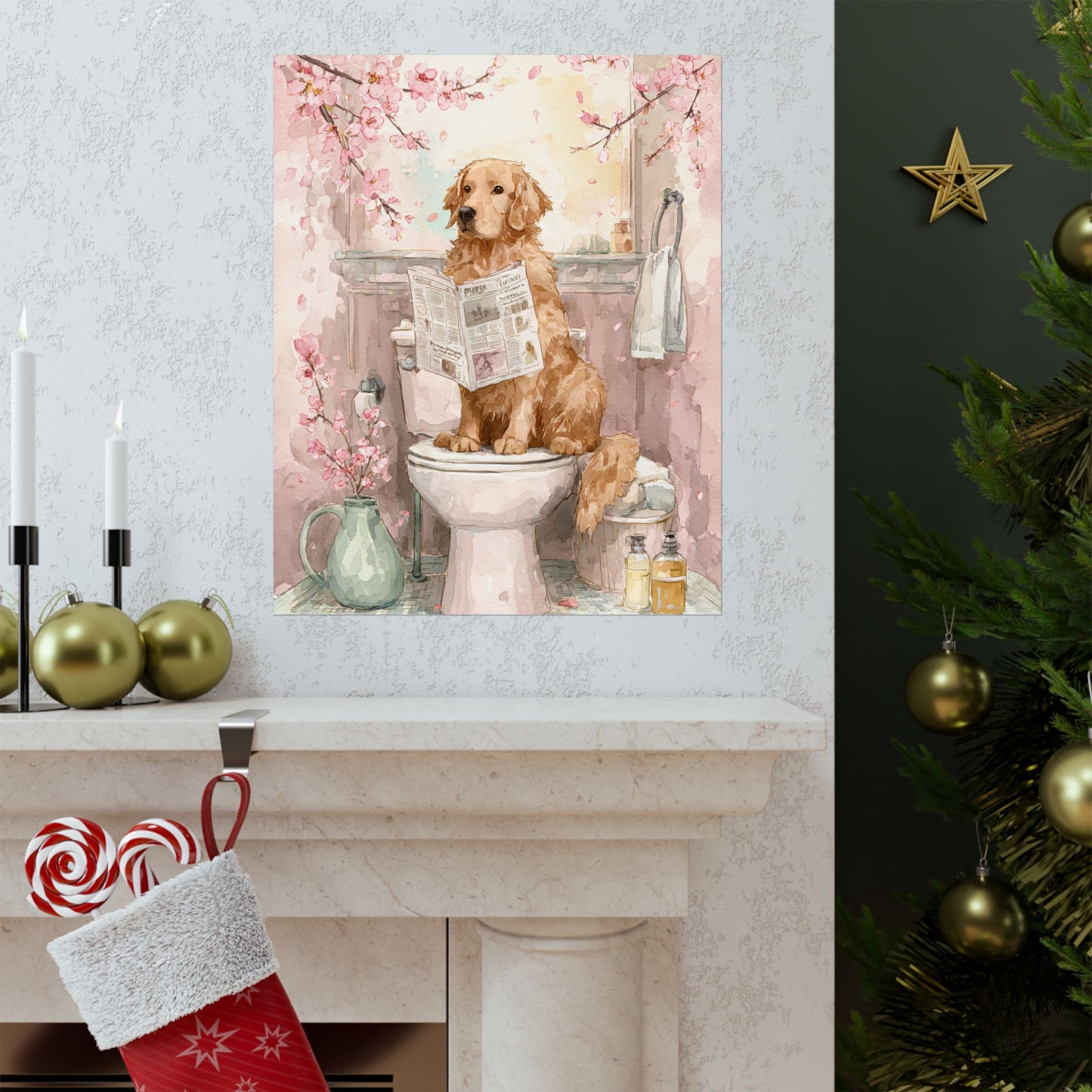 Golden Retriever Reading Newspaper on Toilet with Cherry Blossoms Wall Art | Funny Dog Bathroom Decor | Japandi Dog Print | 16x20 Poster