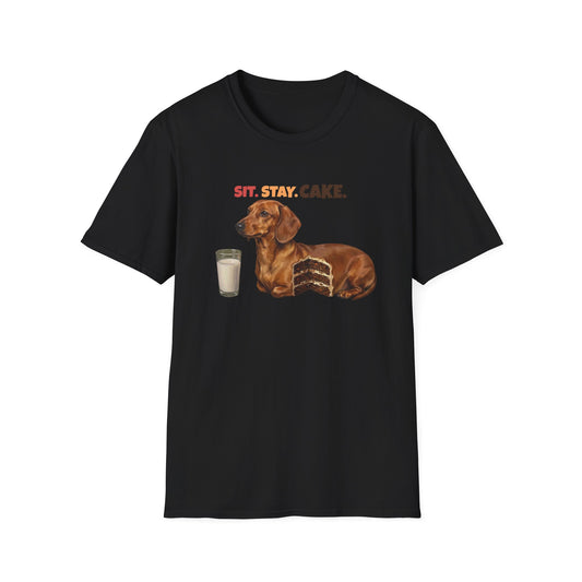 Sit. Stay. Cake. Dachshund T-Shirt | Funny Wiener Dog Mom Shirt