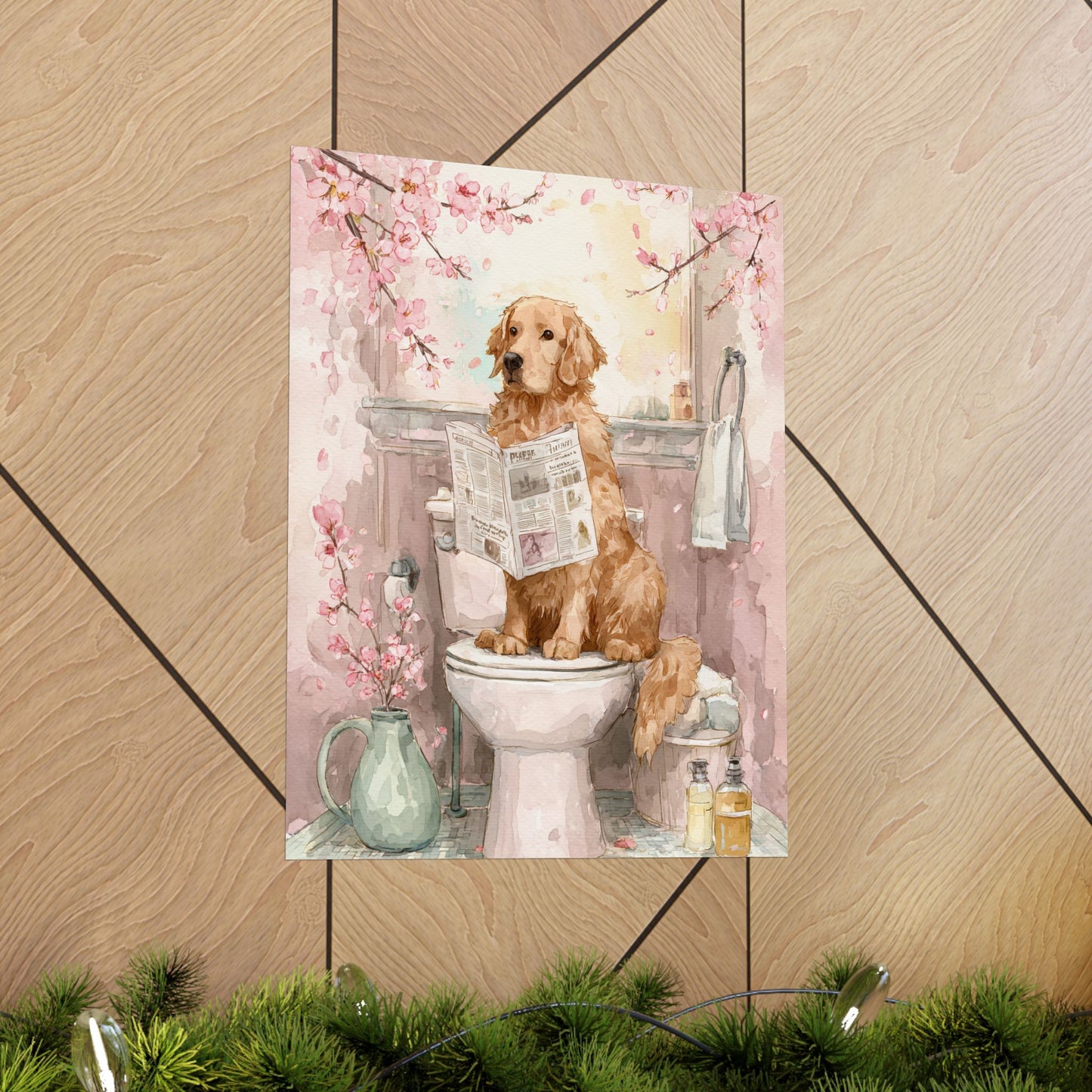 Golden Retriever Reading Newspaper on Toilet with Cherry Blossoms Wall Art | Funny Dog Bathroom Decor | Japandi Dog Print | 16x20 Poster