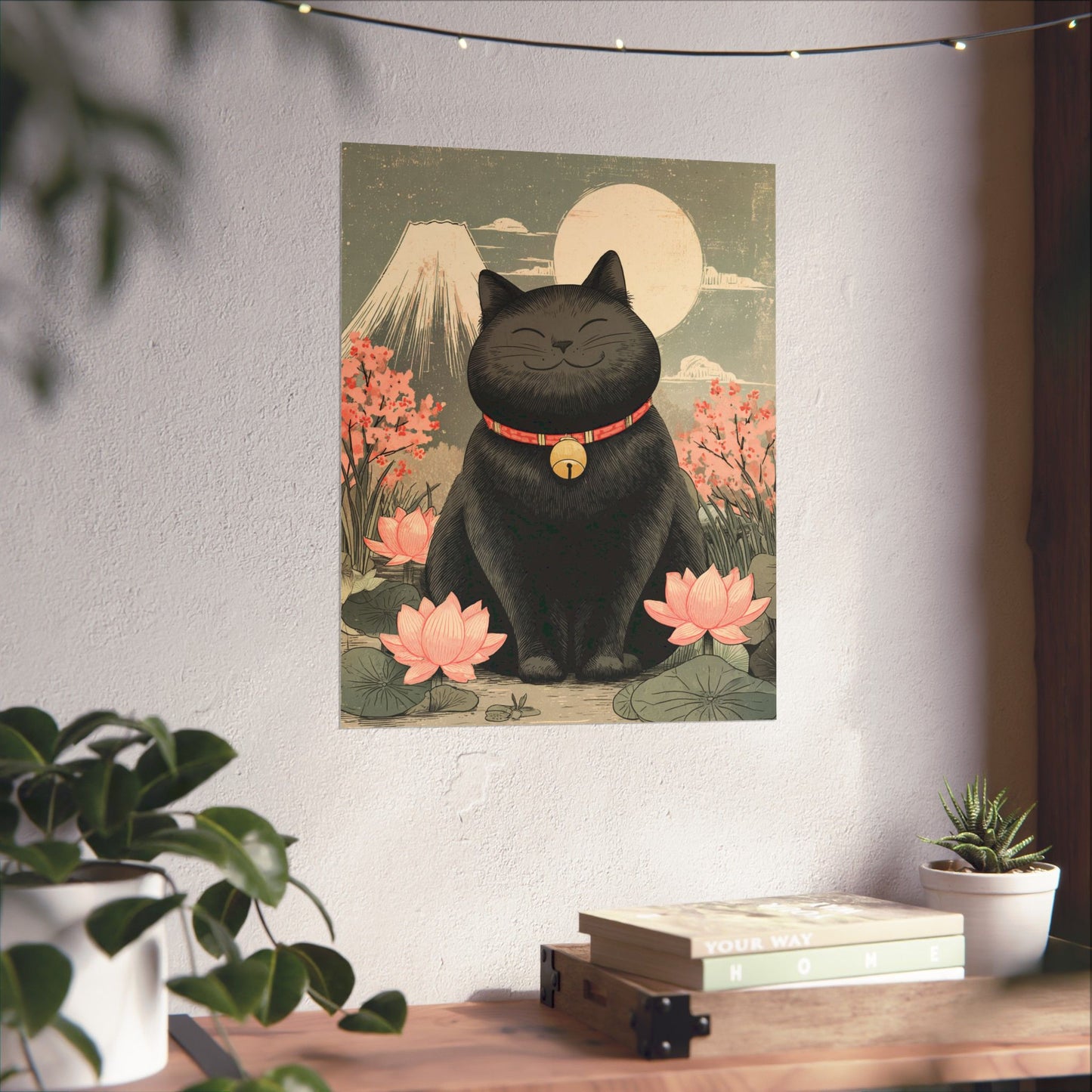 Zen Black Cat Wall Art | Japanese Mount Fuji Cat Poster | Japandi Cat Decor | Whimsical Feline Art Print | 16x20 Poster