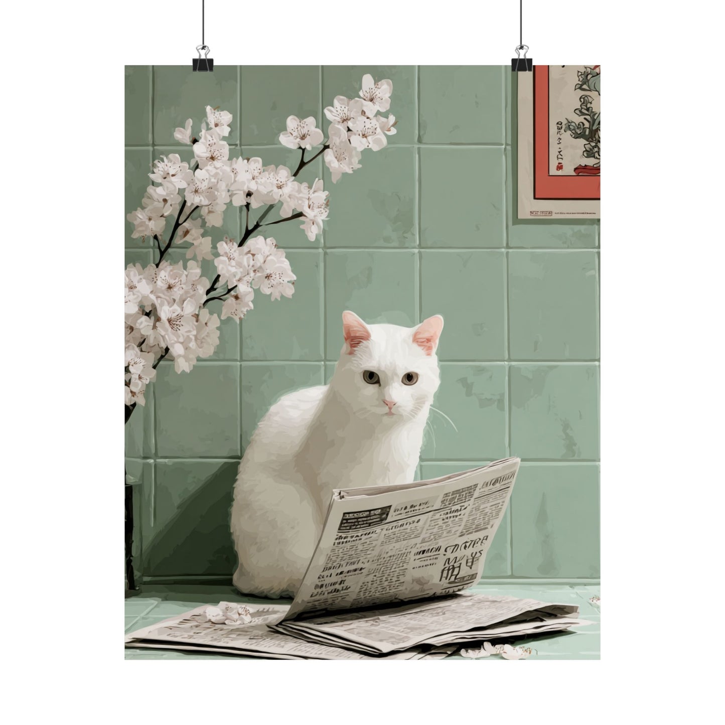 White Cat Reading Newspaper Wall Art | Funny Japandi Cat Bathroom Decor | Japanese Cat Poster | Whimsical Feline Art Print | 16x20 Poster