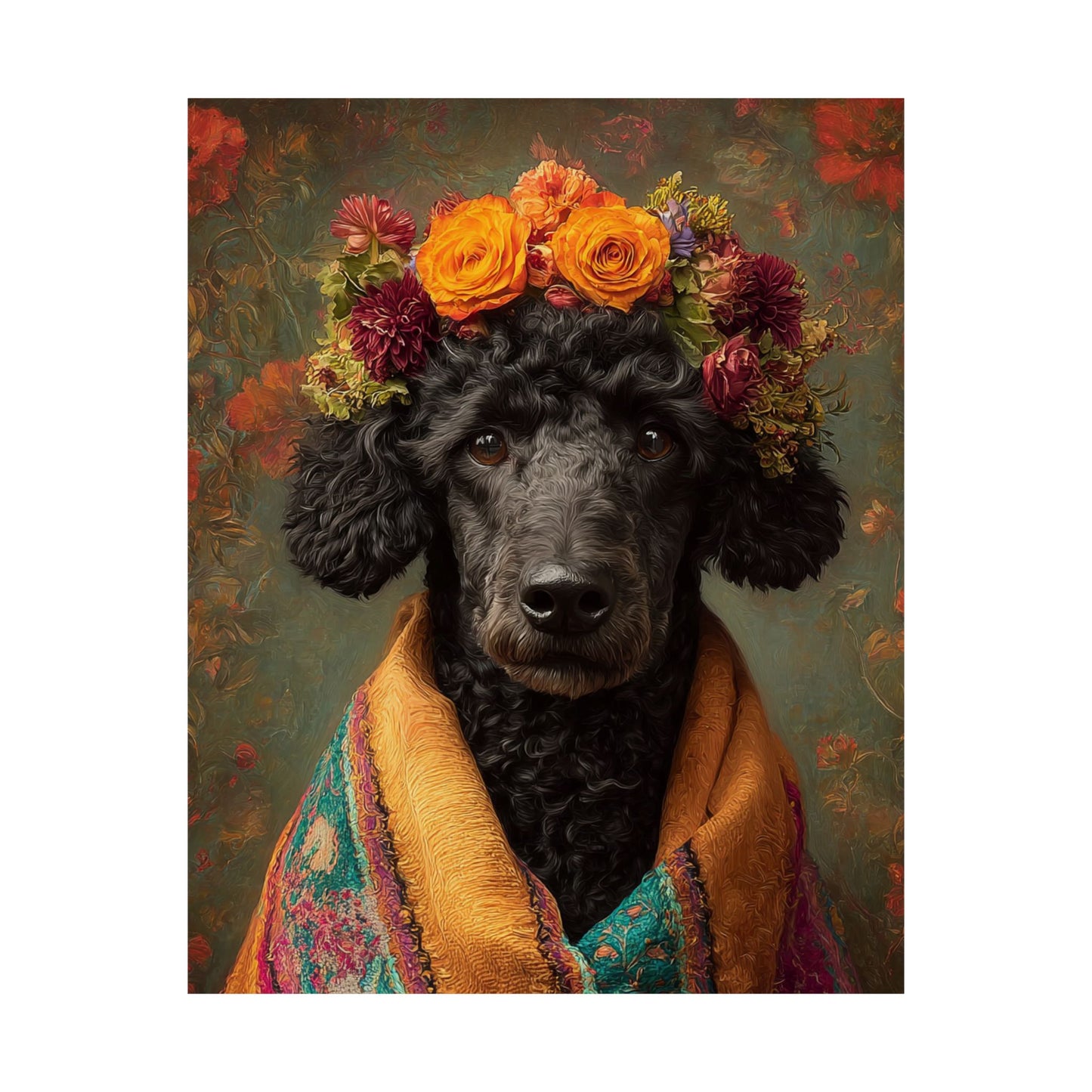 Black Poodle Wall Art — Vintage Floral Dog Portrait - 16" x 20" Matte Poster