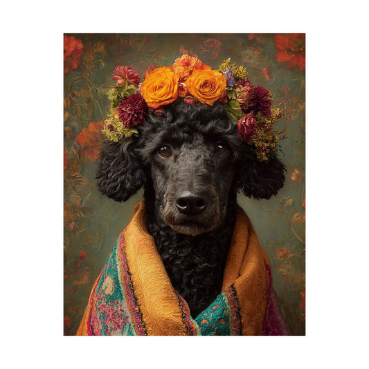 Black Poodle Wall Art — Vintage Floral Dog Portrait - 16" x 20" Matte Poster