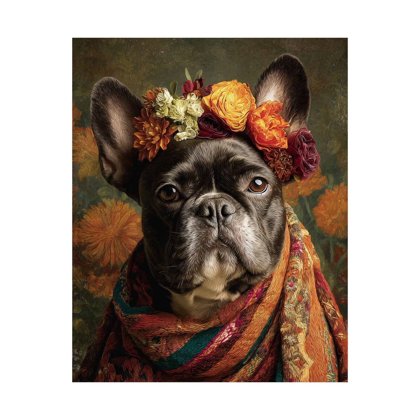 French Bulldog Wall Art | Vintage Floral Dog Portrait | 16x20 Matte Poster