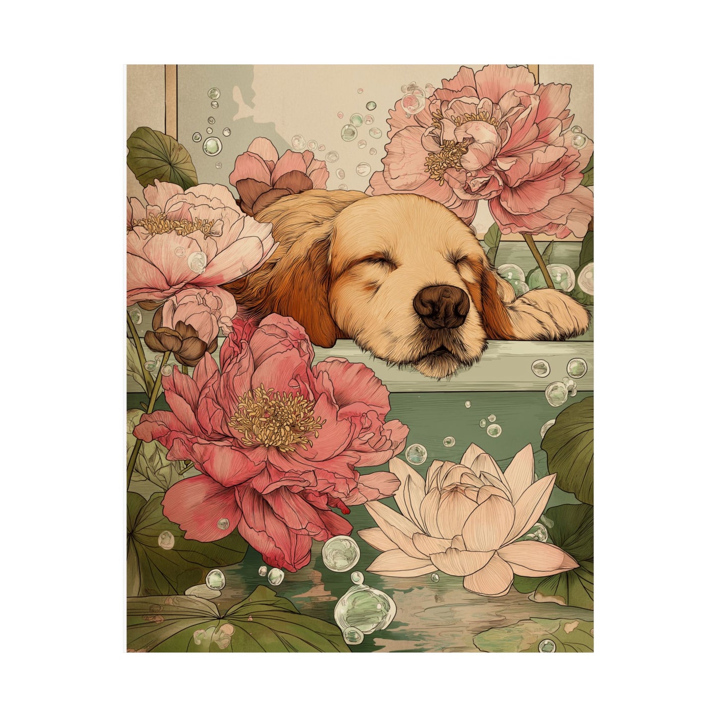 Sleeping Golden Retriever in Bathtub Wall Art | Japandi Dog Bathroom Decor | Floral Golden Retriever Poster | Zen Dog Art Print | 16x20 Poster