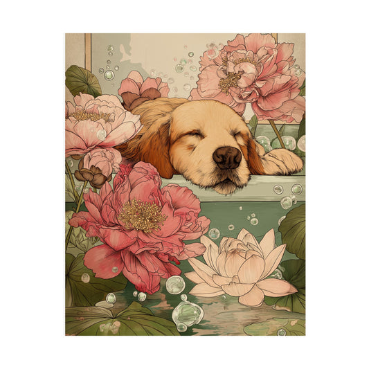 Sleeping Golden Retriever in Bathtub Wall Art | Japandi Dog Bathroom Decor | Floral Golden Retriever Poster | Zen Dog Art Print | 16x20 Poster