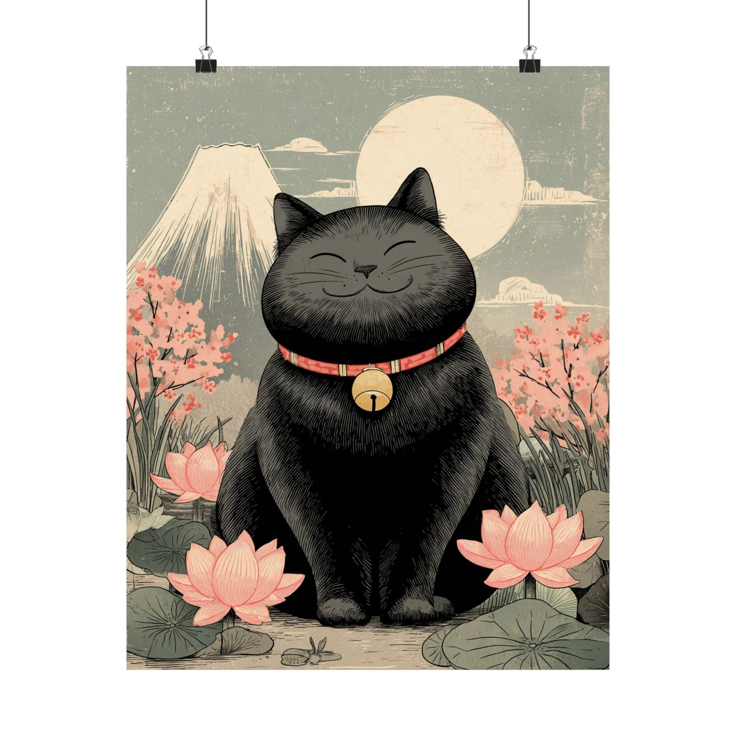 Zen Black Cat Wall Art | Japanese Mount Fuji Cat Poster | Japandi Cat Decor | Whimsical Feline Art Print | 16x20 Poster