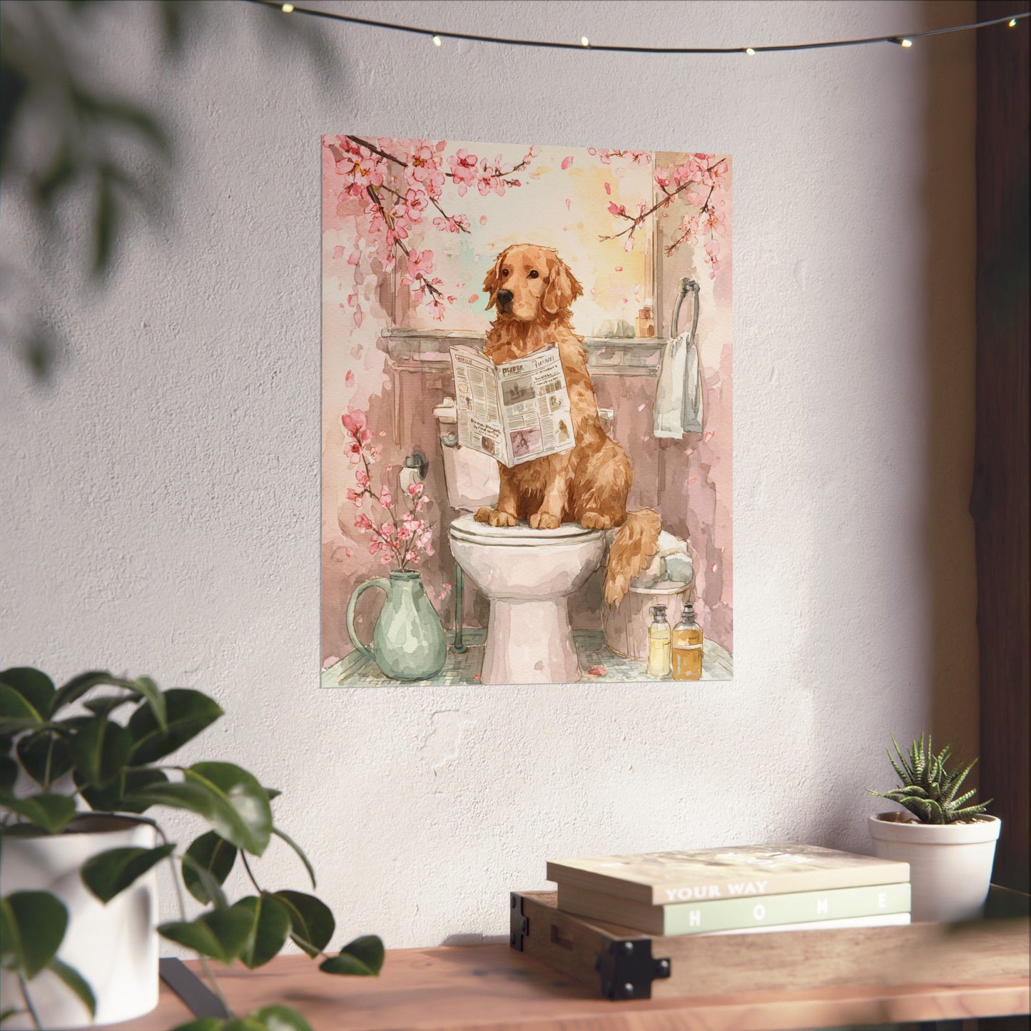 Golden Retriever Reading Newspaper on Toilet with Cherry Blossoms Wall Art | Funny Dog Bathroom Decor | Japandi Dog Print | 16x20 Poster