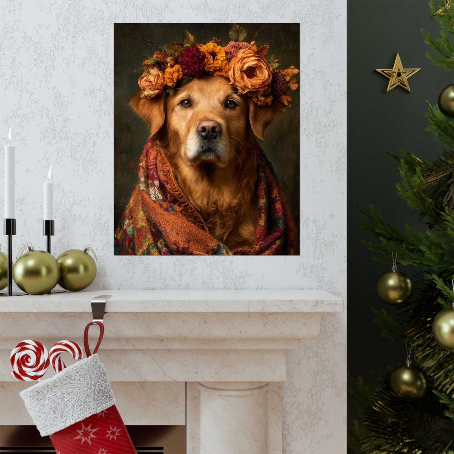 Golden Retriever Wall Art | Vintage Floral Dog Portrait  | 16x20 Matte Poster