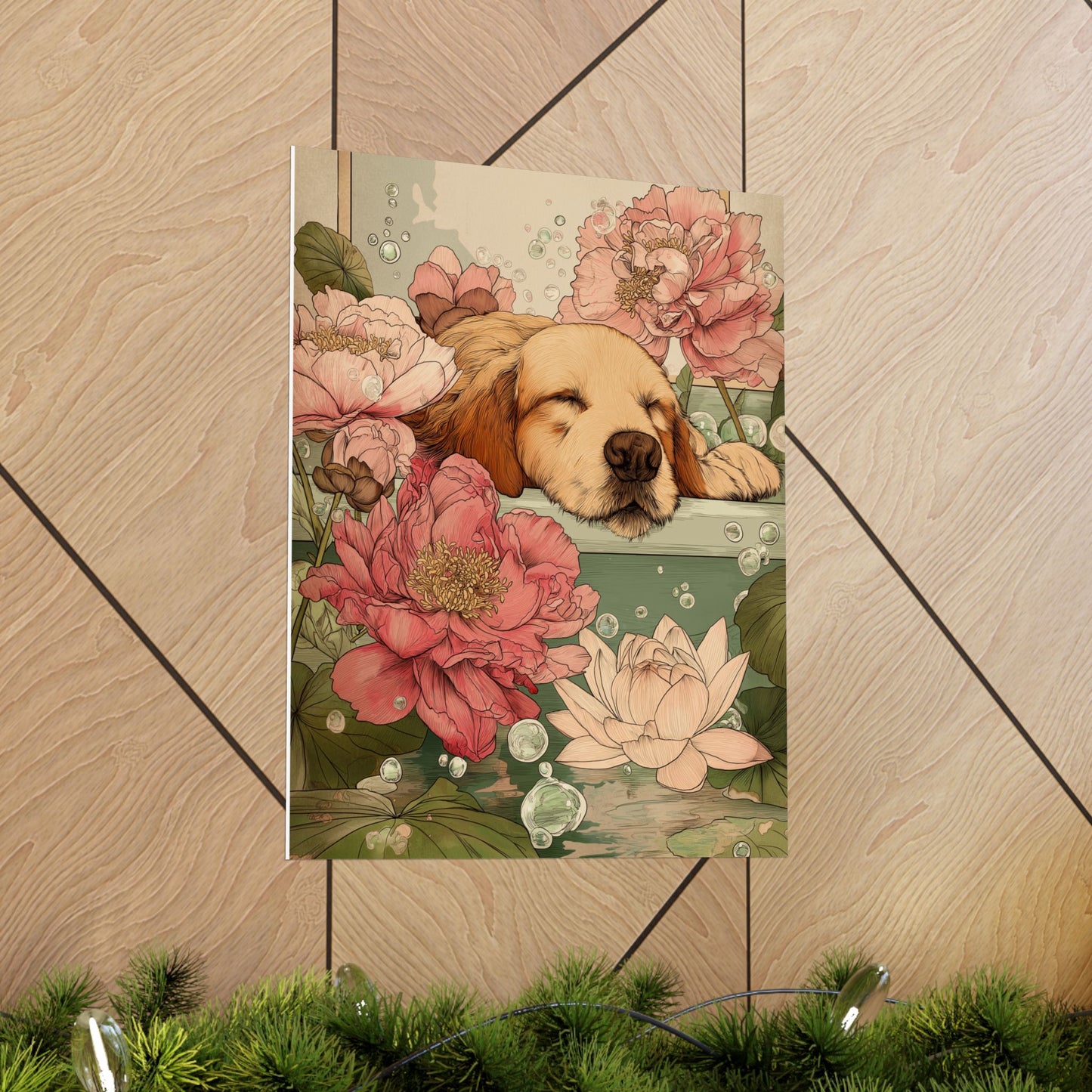 Sleeping Golden Retriever in Bathtub Wall Art | Japandi Dog Bathroom Decor | Floral Golden Retriever Poster | Zen Dog Art Print | 16x20 Poster