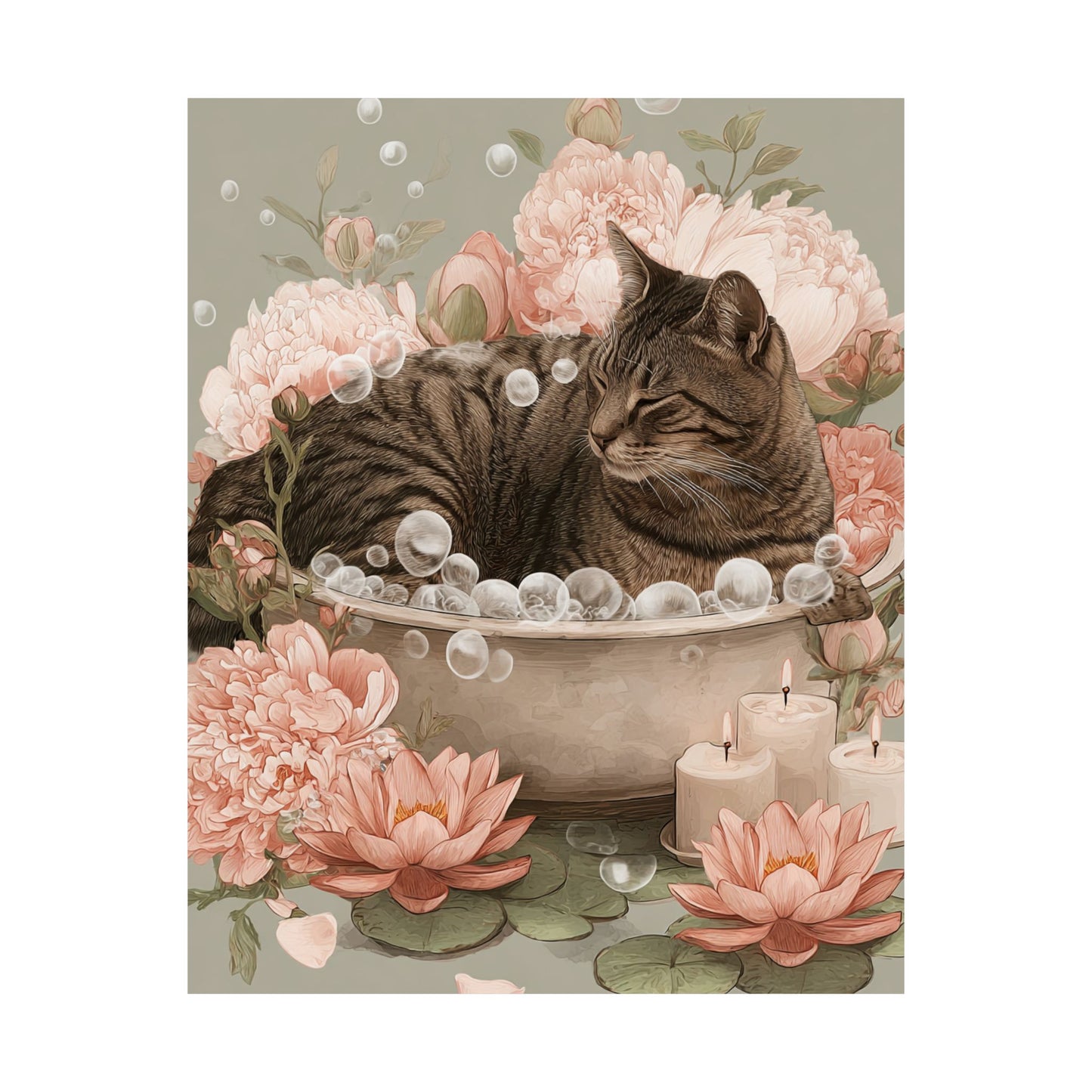 Tabby Cat in Bathtub Wall Art | Japandi Cat Bathroom Decor | Japanese Cat Poster | Zen Feline Art Print | 16x20 Poster