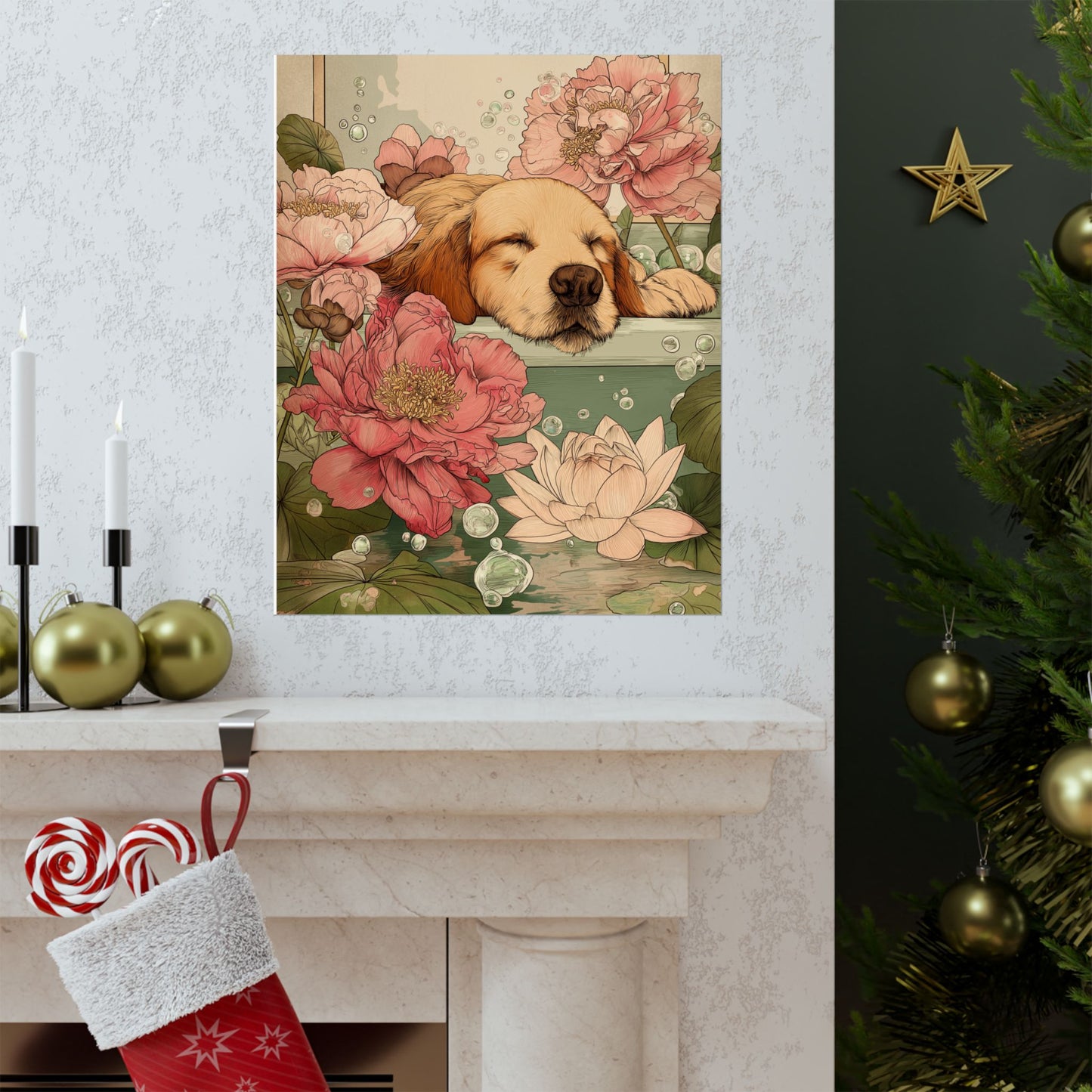Sleeping Golden Retriever in Bathtub Wall Art | Japandi Dog Bathroom Decor | Floral Golden Retriever Poster | Zen Dog Art Print | 16x20 Poster