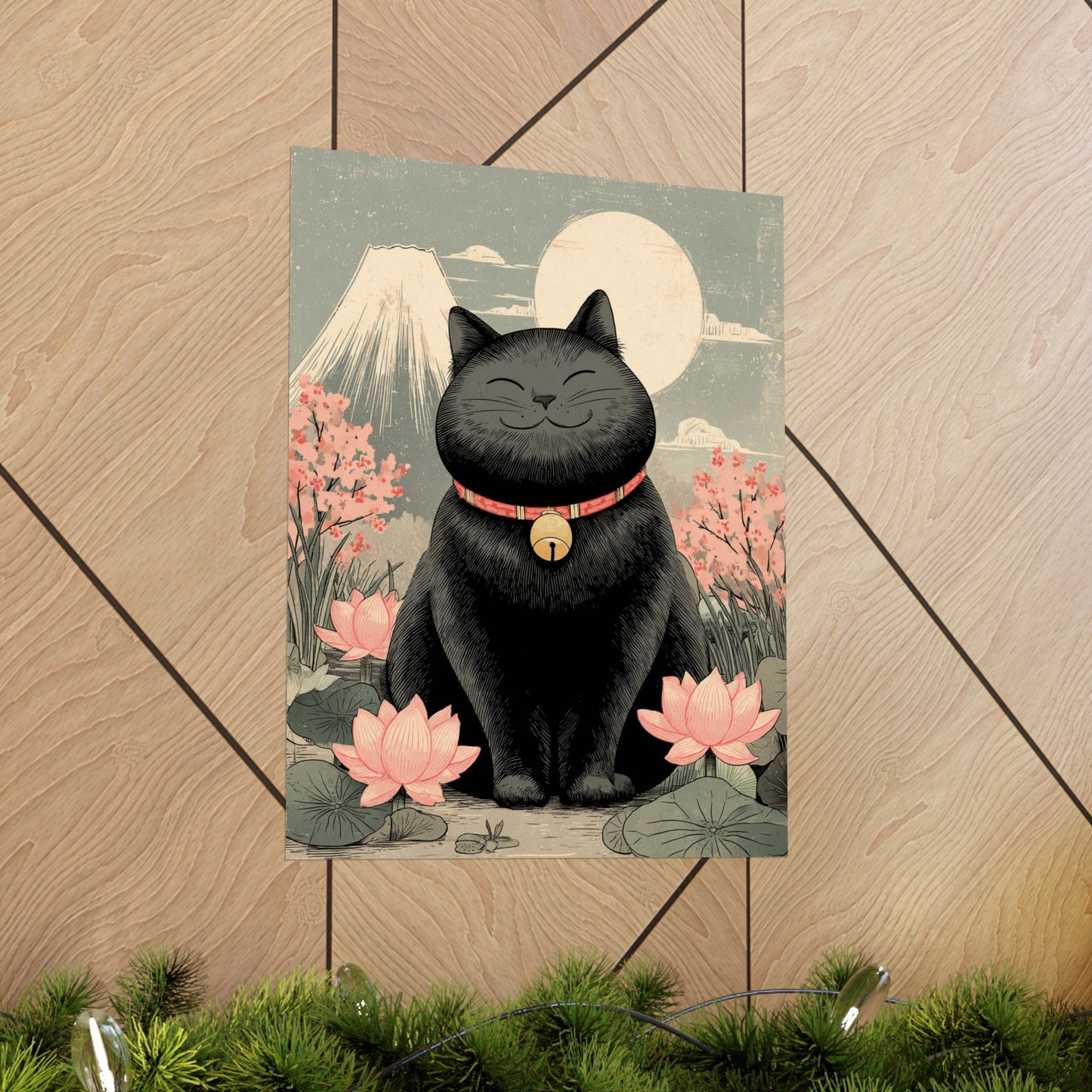 Zen Black Cat Wall Art | Japanese Mount Fuji Cat Poster | Japandi Cat Decor | Whimsical Feline Art Print | 16x20 Poster