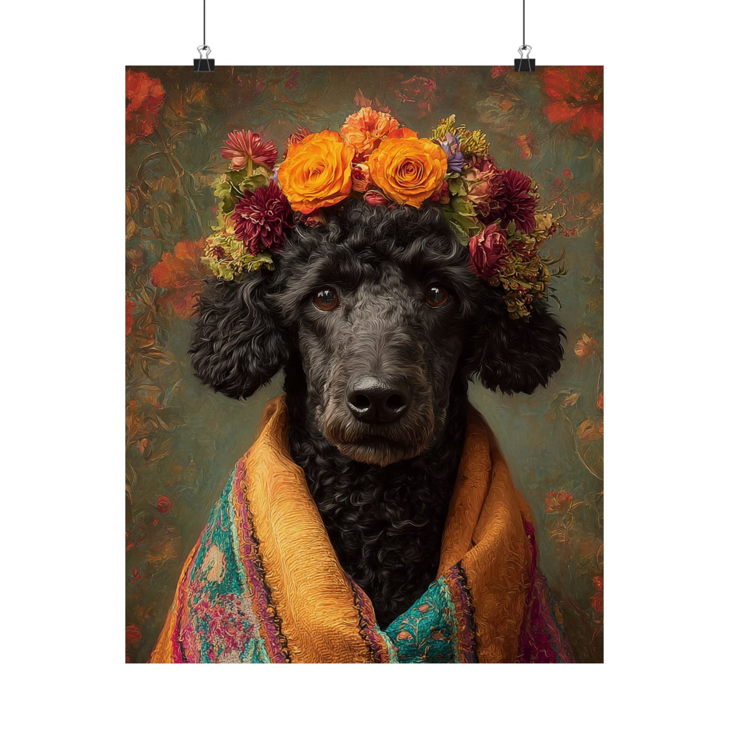 Black Poodle Wall Art — Vintage Floral Dog Portrait - 16" x 20" Matte Poster