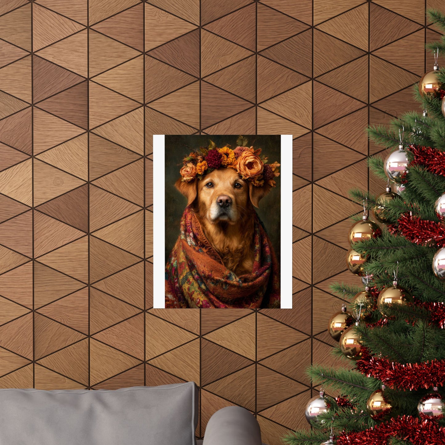 Golden Retriever Wall Art | Vintage Floral Dog Portrait  | 16x20 Matte Poster