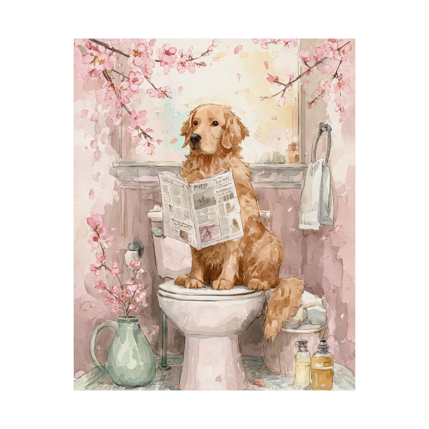 Golden Retriever Reading Newspaper on Toilet with Cherry Blossoms Wall Art | Funny Dog Bathroom Decor | Japandi Dog Print | 16x20 Poster