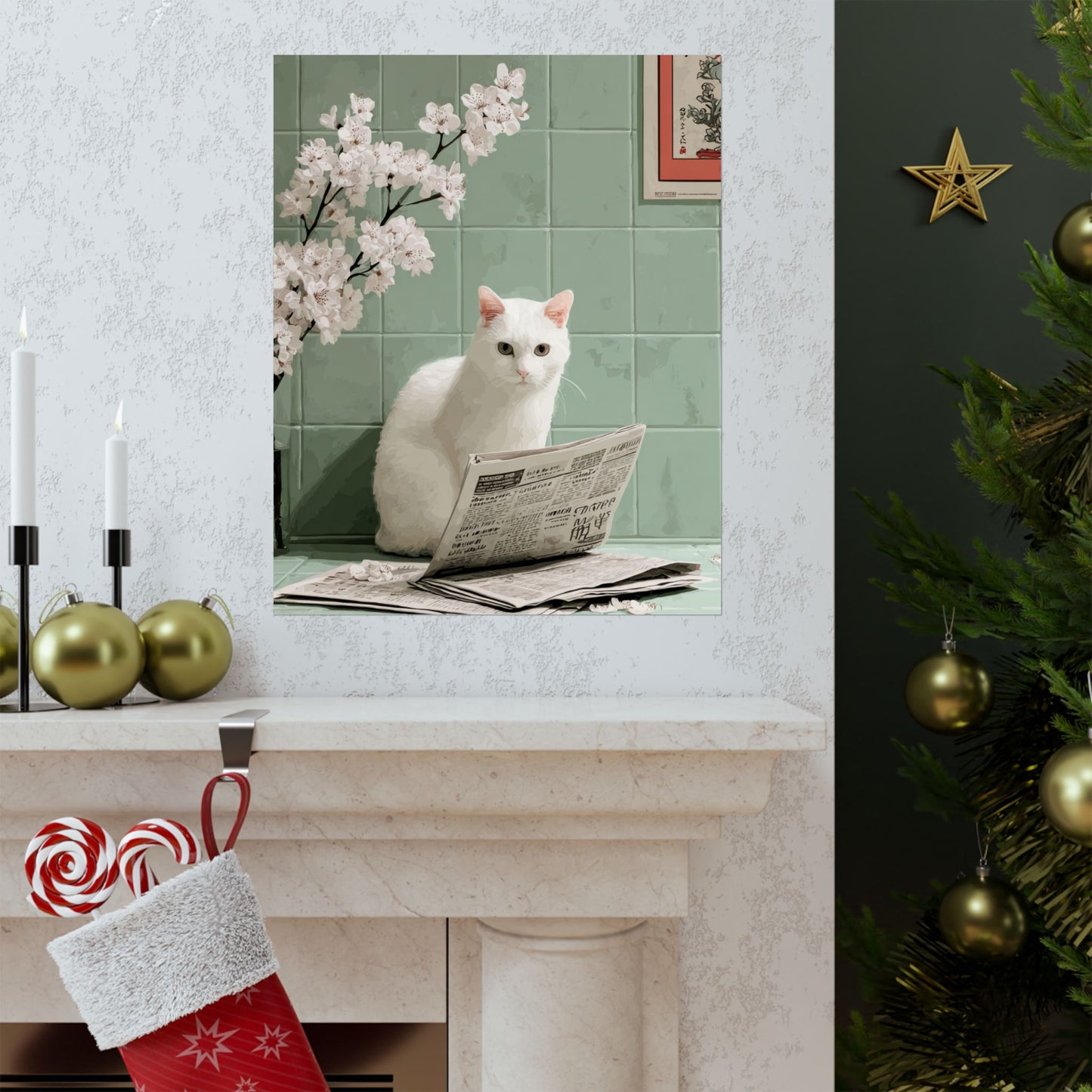 White Cat Reading Newspaper Wall Art | Funny Japandi Cat Bathroom Decor | Japanese Cat Poster | Whimsical Feline Art Print | 16x20 Poster